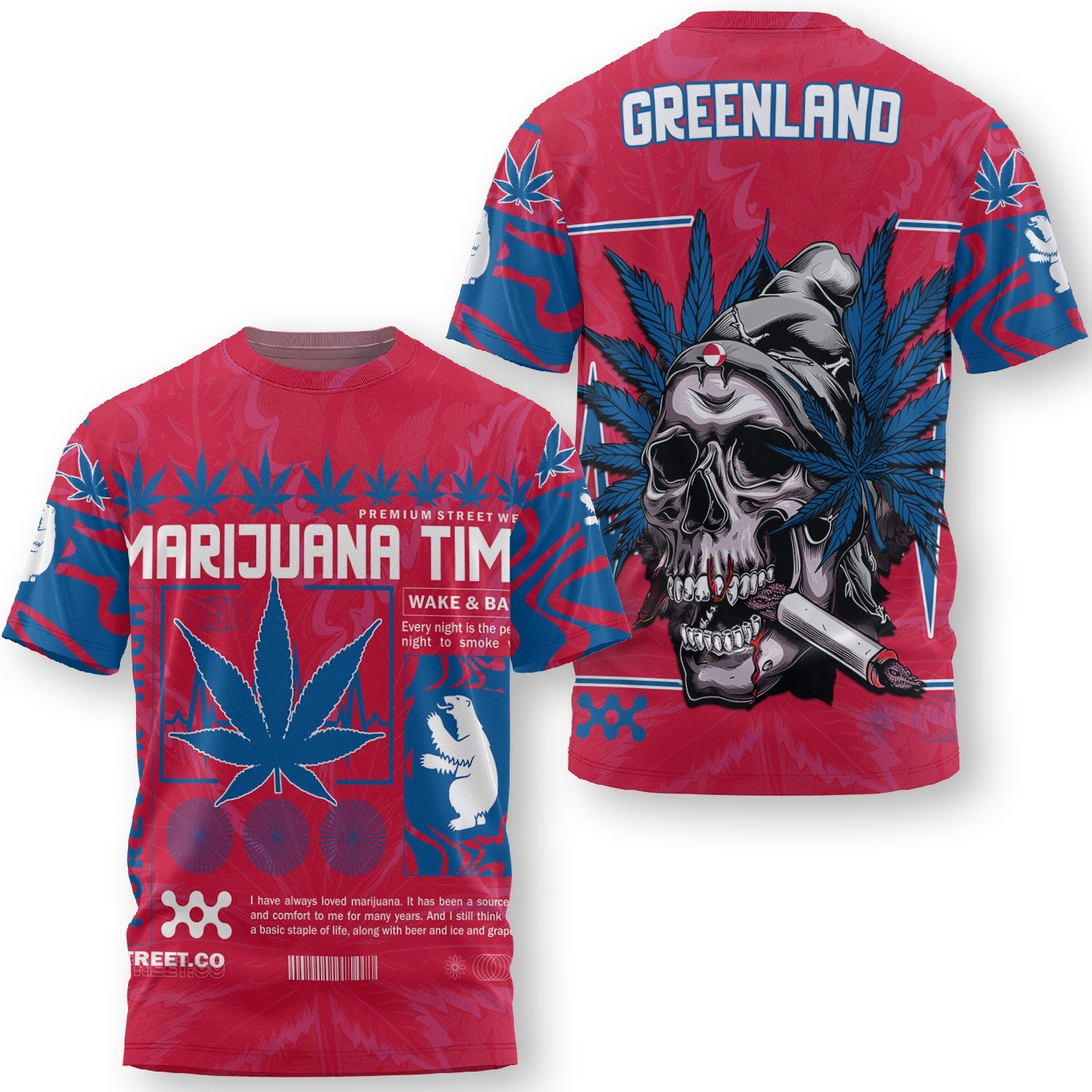 Greenland T Shirt Flag & Coat Of Arms Marijuanas Style