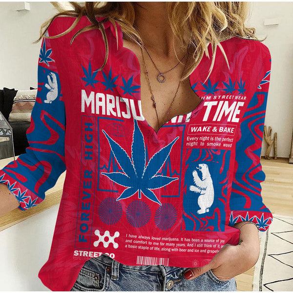 Greenland Women Casual Shirt Flag & Coat Of Arms Marijuanas Style