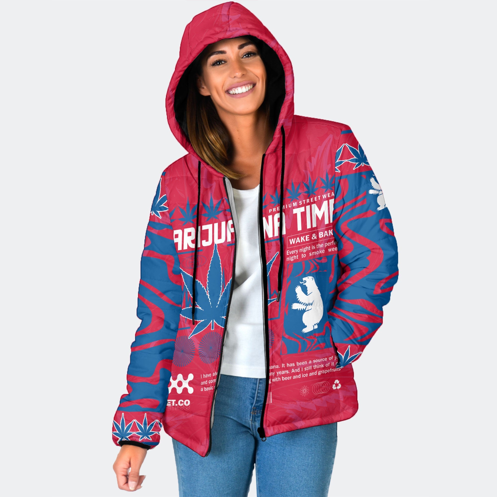 Greenland Women Hooded Padded Jacket Flag & Coat Of Arms Marijuanas Style