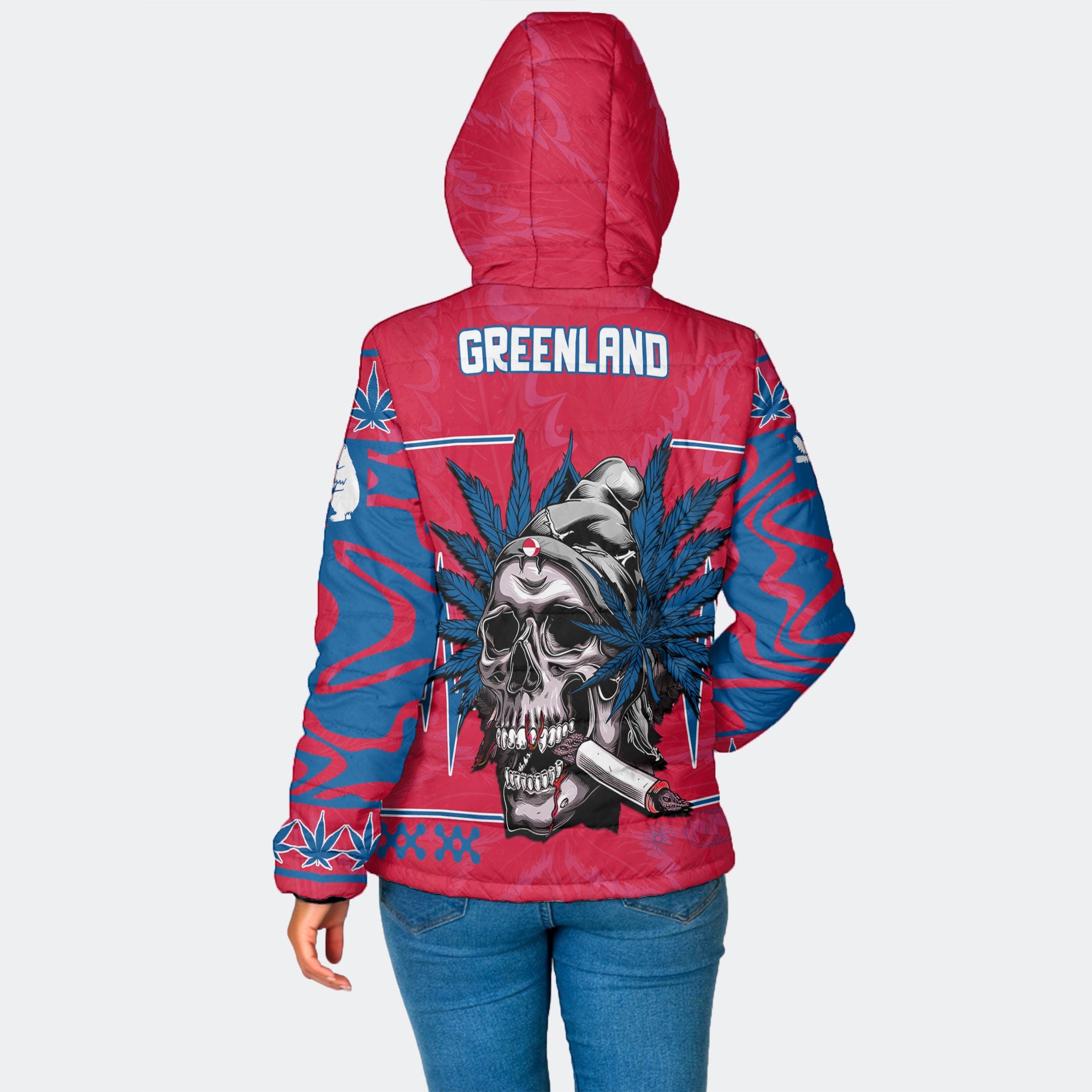 Greenland Women Hooded Padded Jacket Flag & Coat Of Arms Marijuanas Style