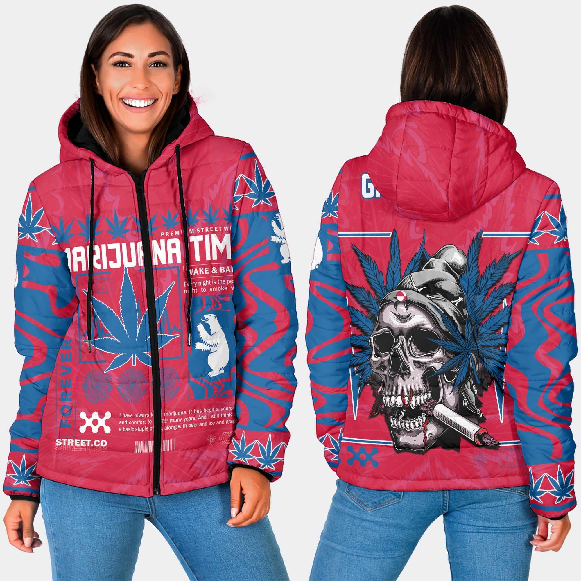 Greenland Women Hooded Padded Jacket Flag & Coat Of Arms Marijuanas Style