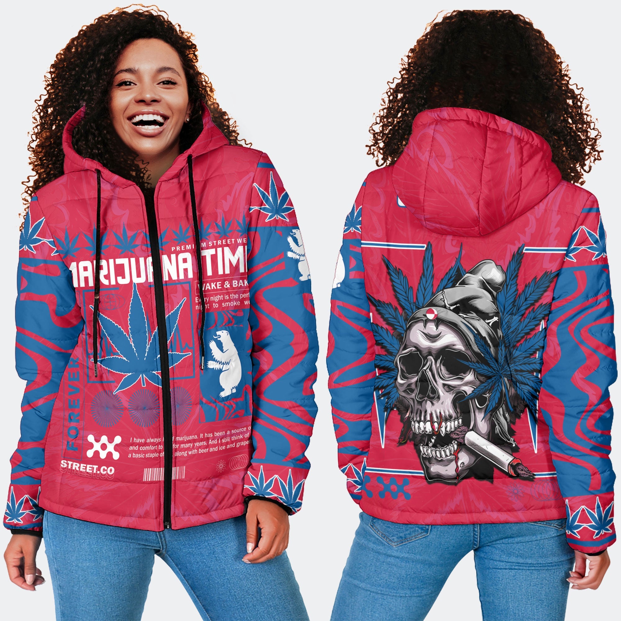 Greenland Women Hooded Padded Jacket Flag & Coat Of Arms Marijuanas Style