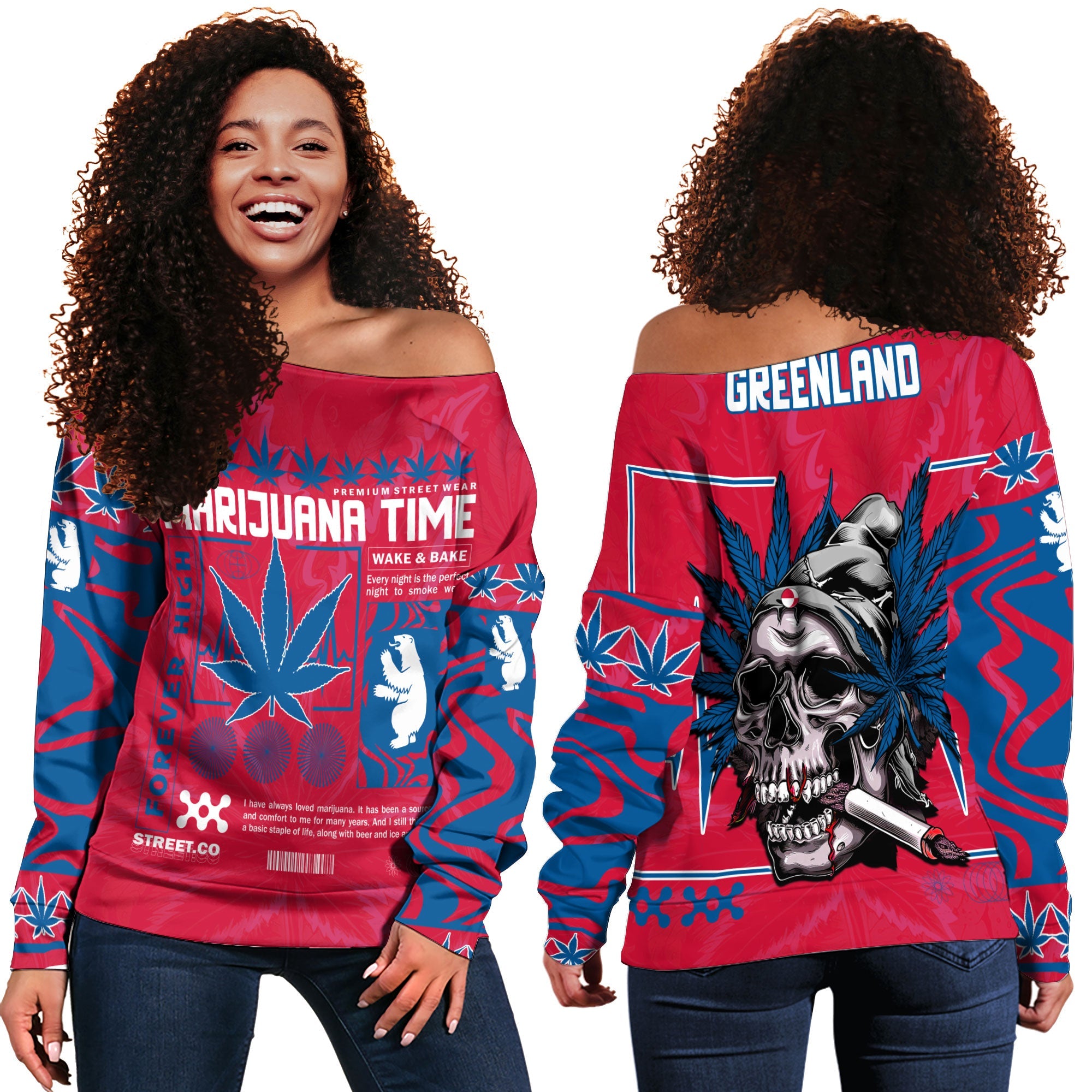 Greenland Women Off Shoulder Sweatshirt Flag & Coat Of Arms Marijuanas Style