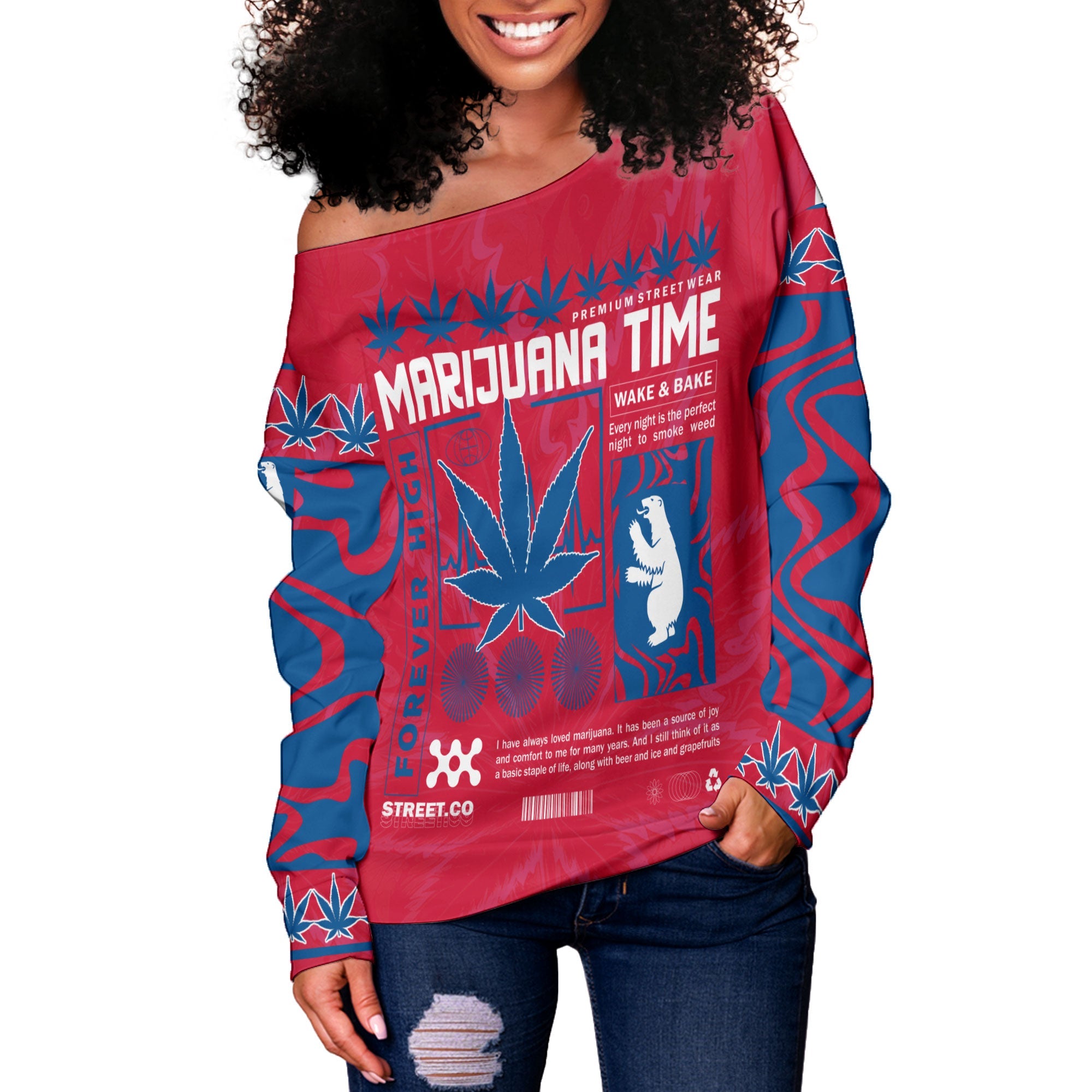 Greenland Women Off Shoulder Sweatshirt Flag & Coat Of Arms Marijuanas Style