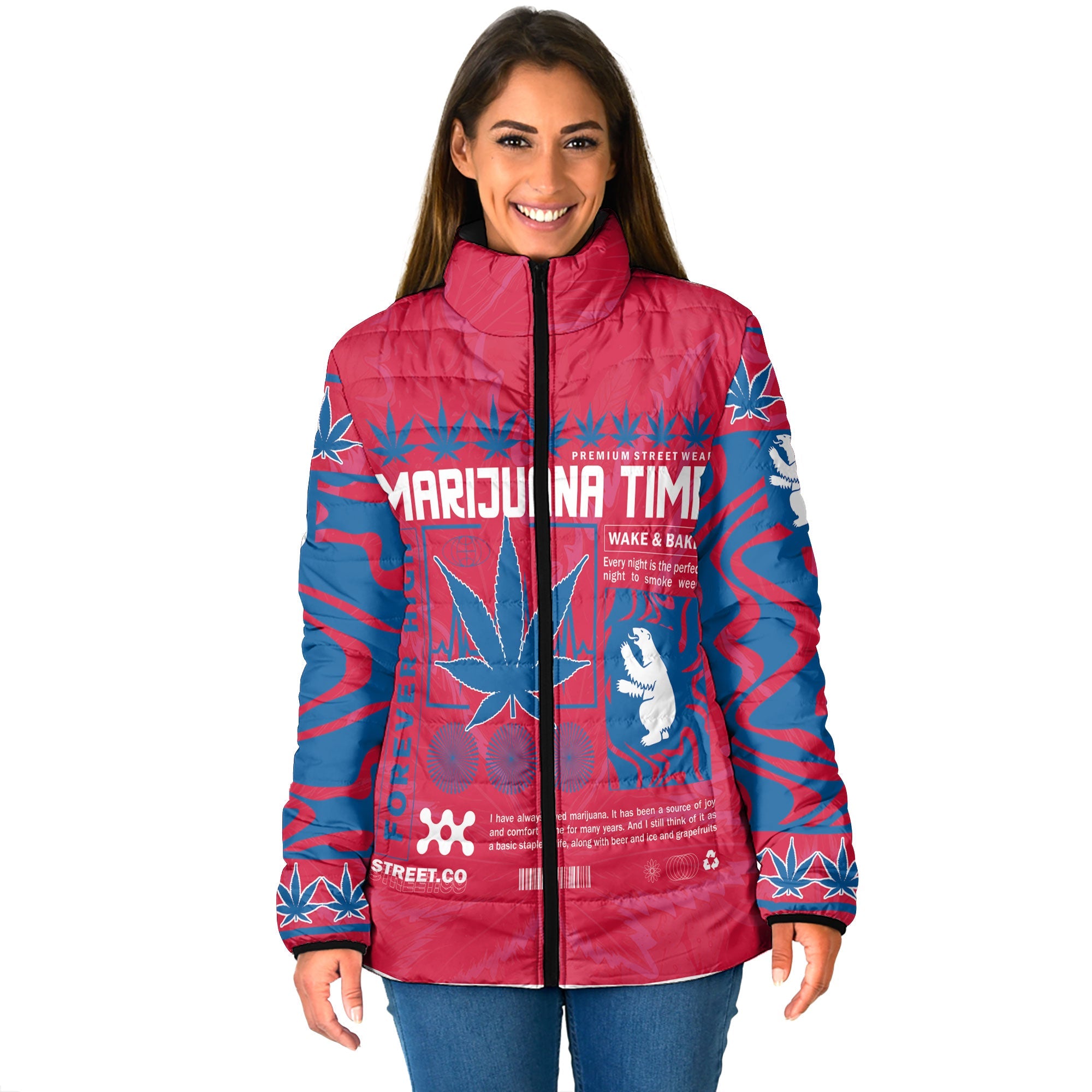 Greenland Women Padded Jacket Flag & Coat Of Arms Marijuanas Style