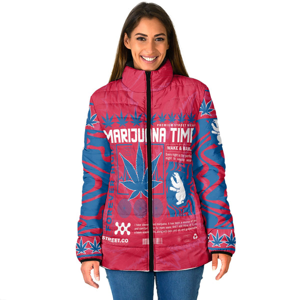 Greenland Women Padded Jacket Flag & Coat Of Arms Marijuanas Style