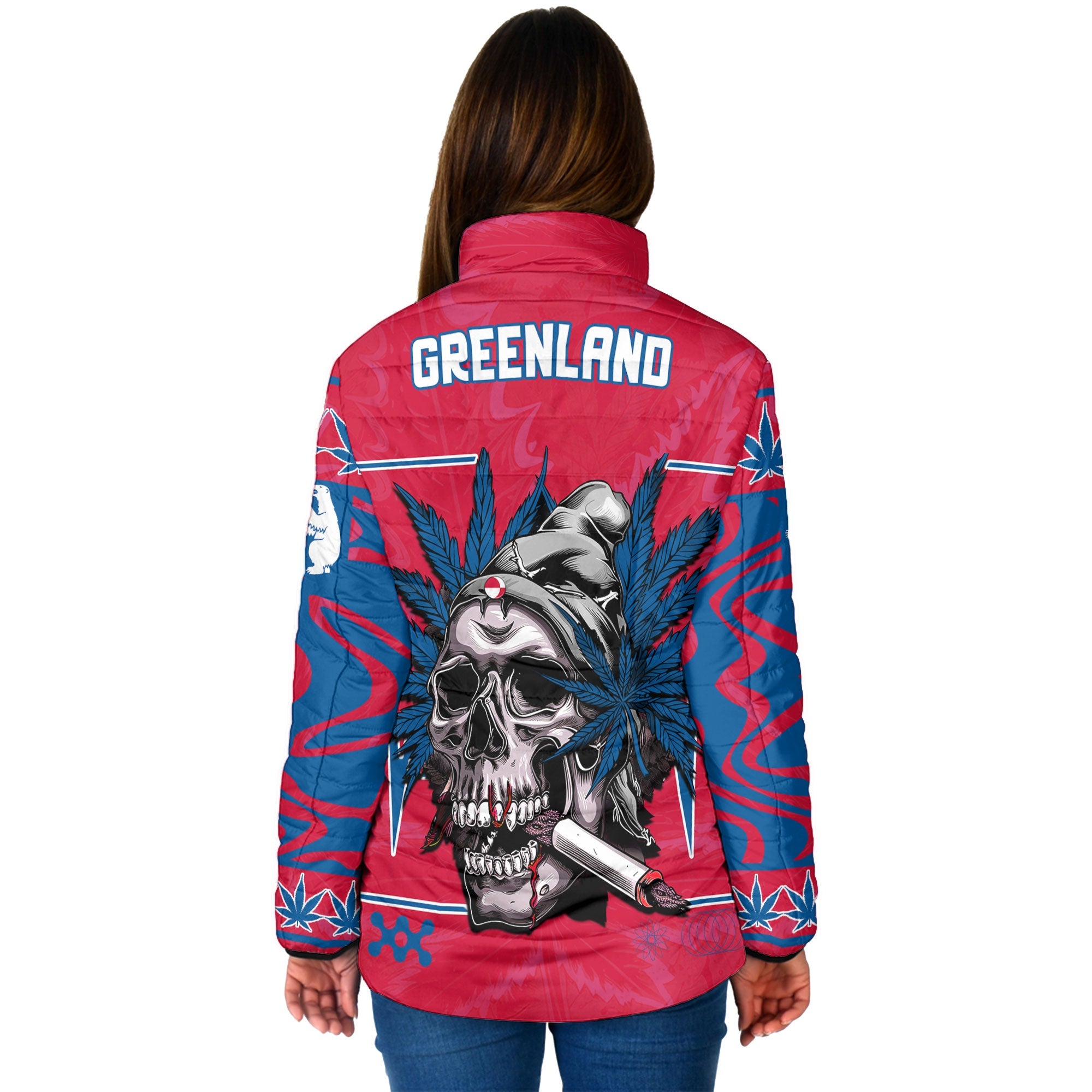 Greenland Women Padded Jacket Flag & Coat Of Arms Marijuanas Style