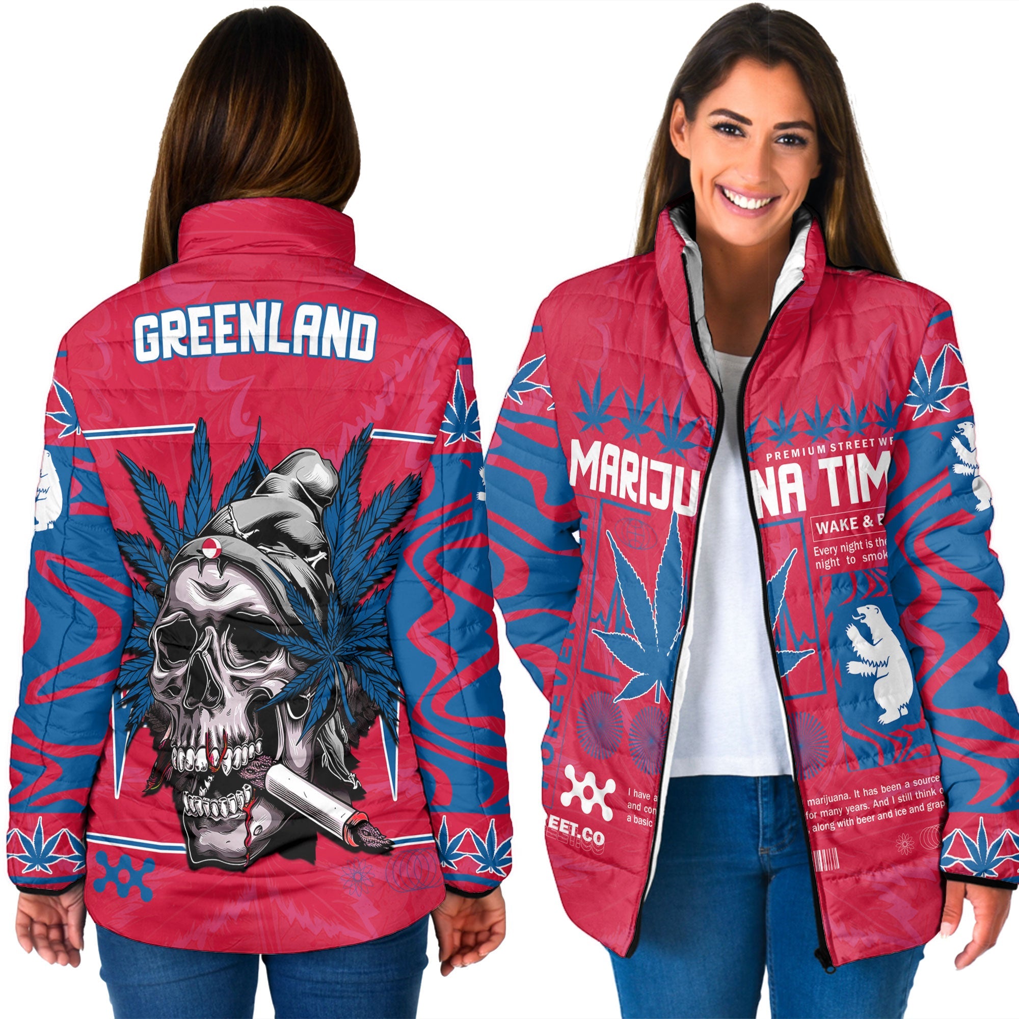 Greenland Women Padded Jacket Flag & Coat Of Arms Marijuanas Style