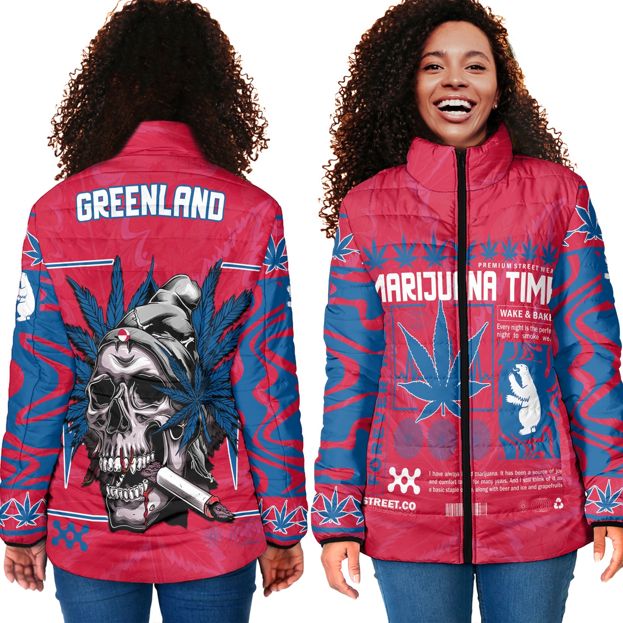 Greenland Women Padded Jacket Flag & Coat Of Arms Marijuanas Style