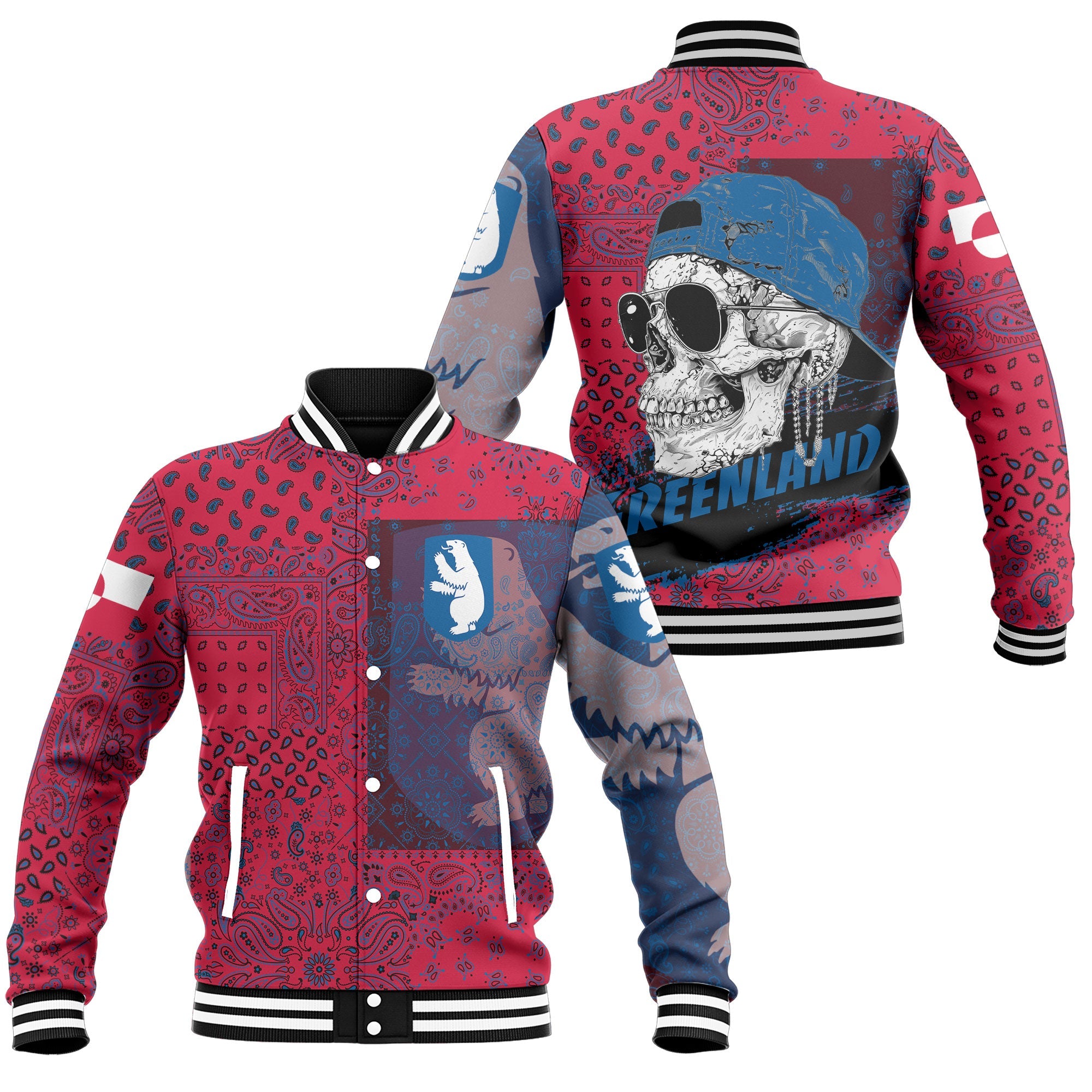 Greenland Baseball Jacket Paisley Flag And Skull Style 1