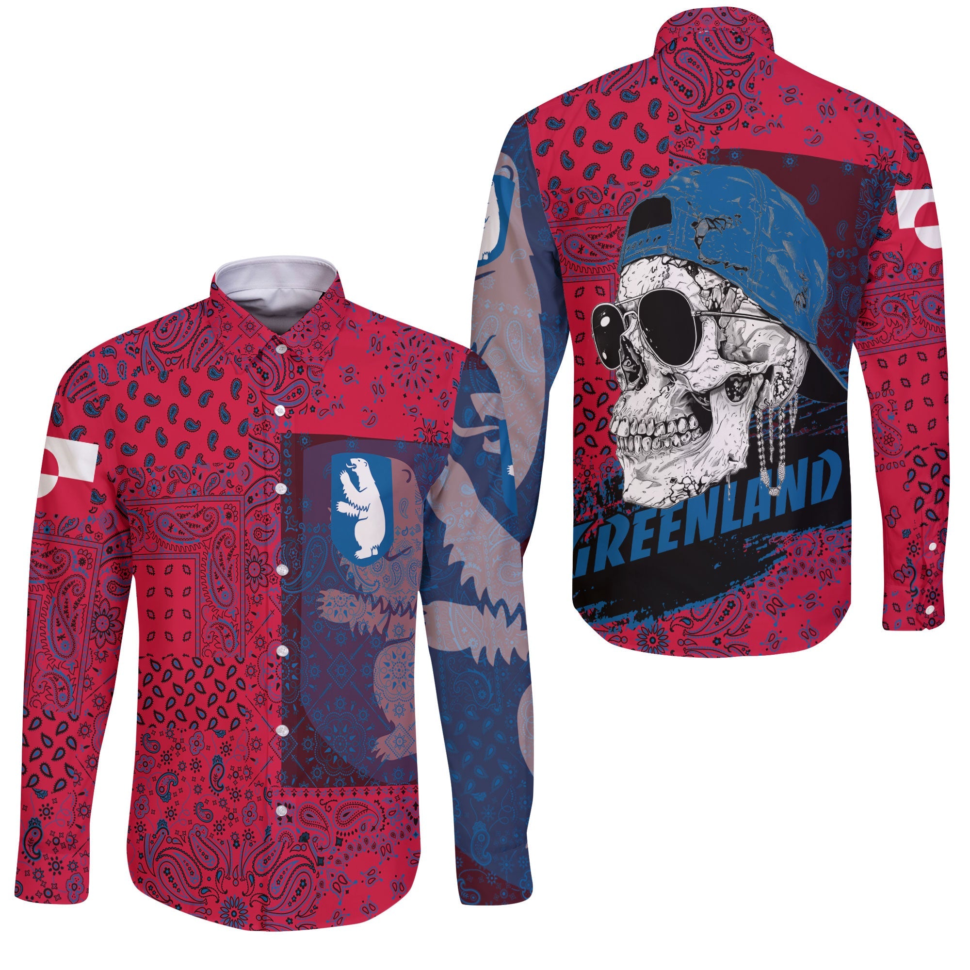 Greenland Long Sleeve Button Shirt Paisley Flag And Skull Style 3