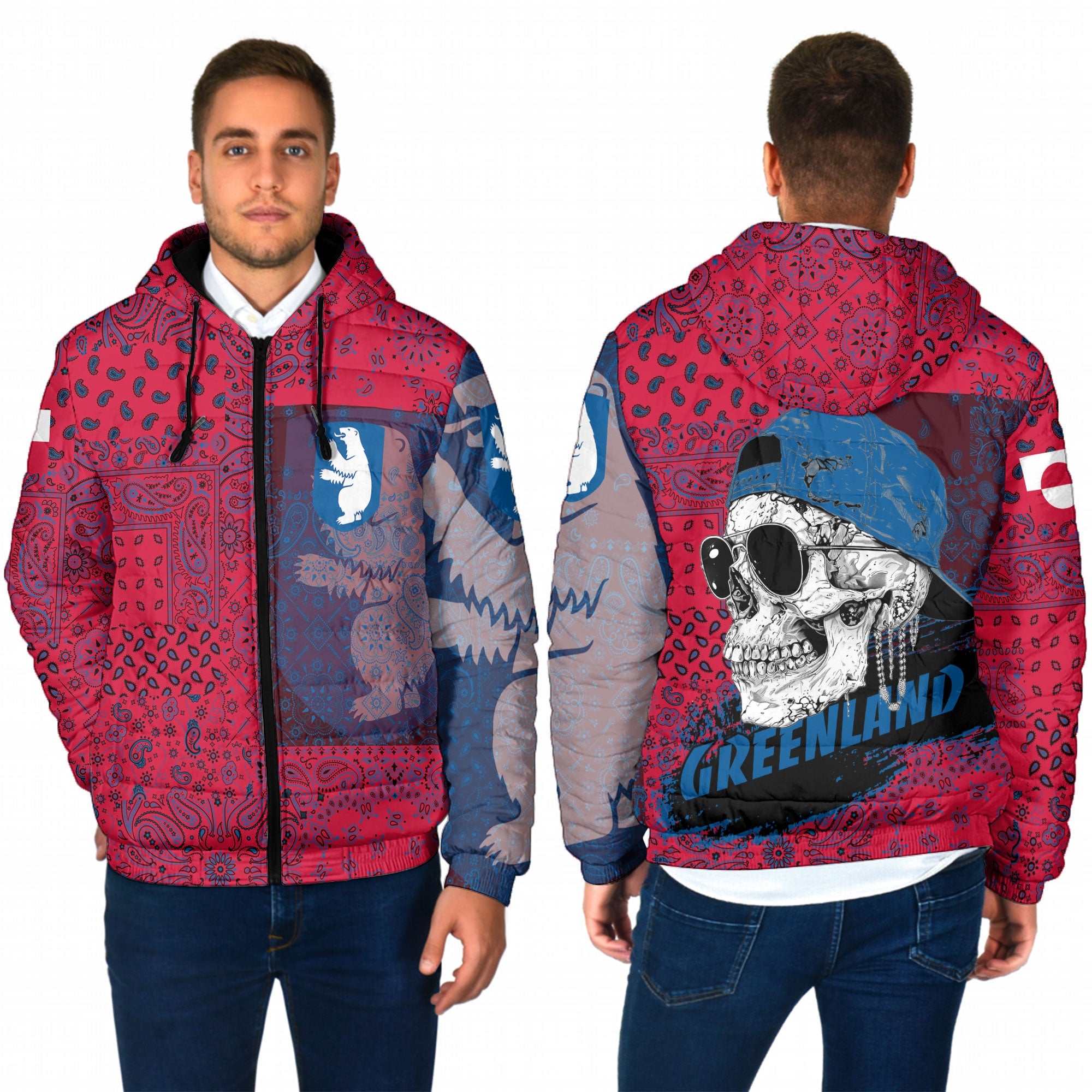 Greenland Men Hooded Padded Jacket Paisley Flag And Skull Style 1