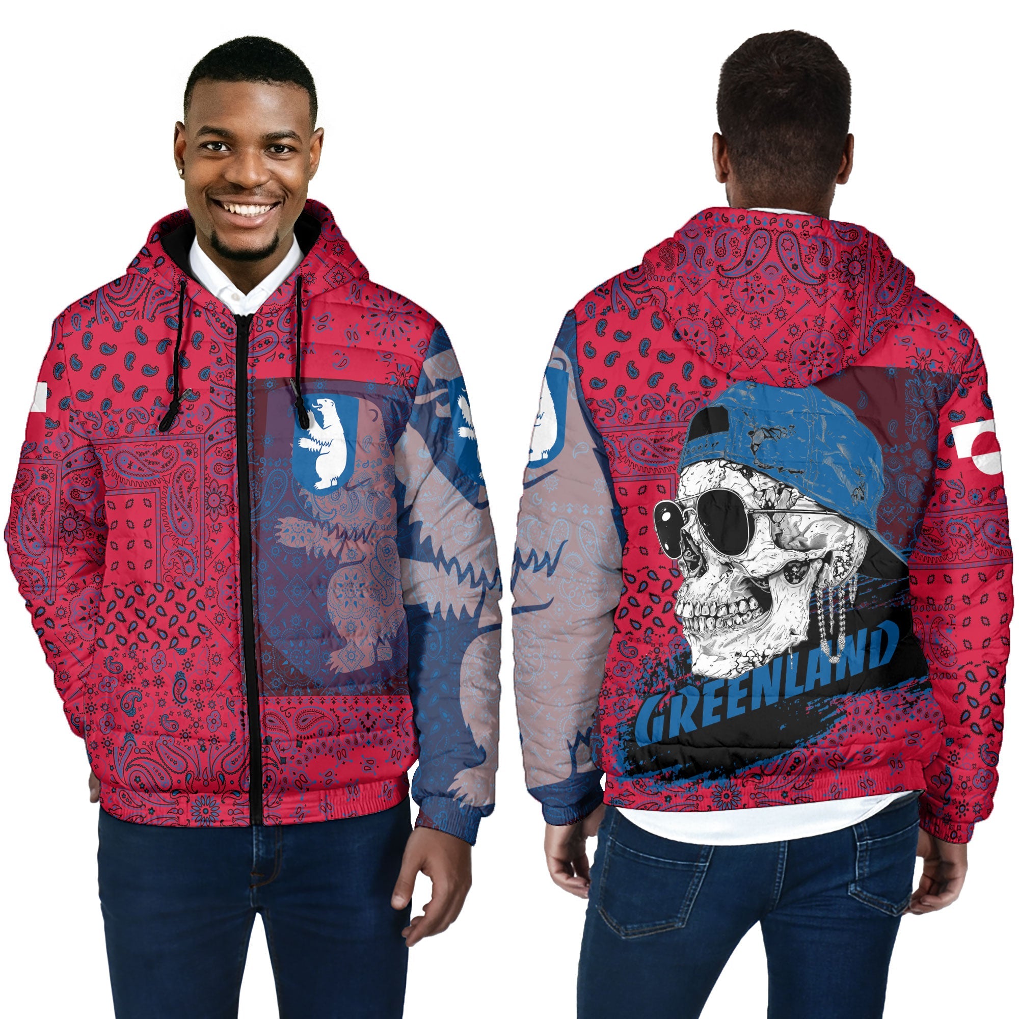 Greenland Men Hooded Padded Jacket Paisley Flag And Skull Style 4