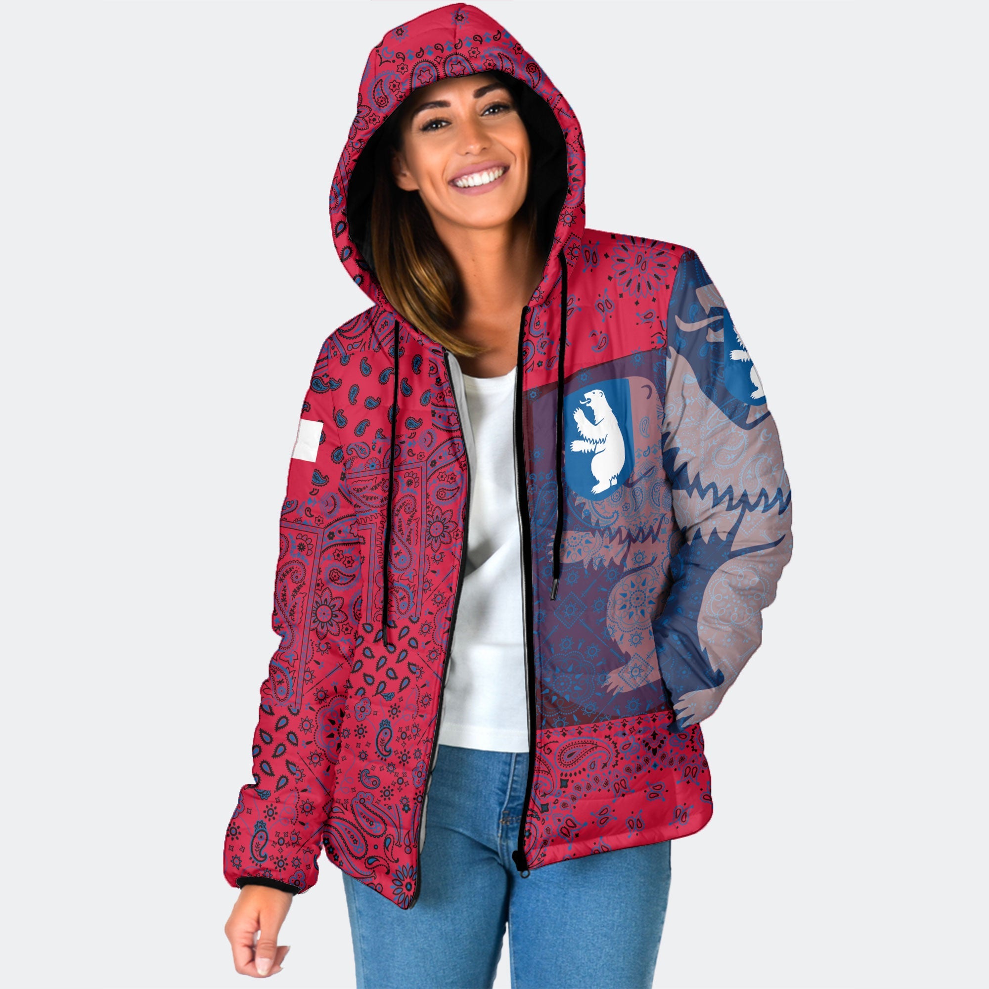 Greenland Women Hooded Padded Jacket Paisley Flag And Skull Style 1