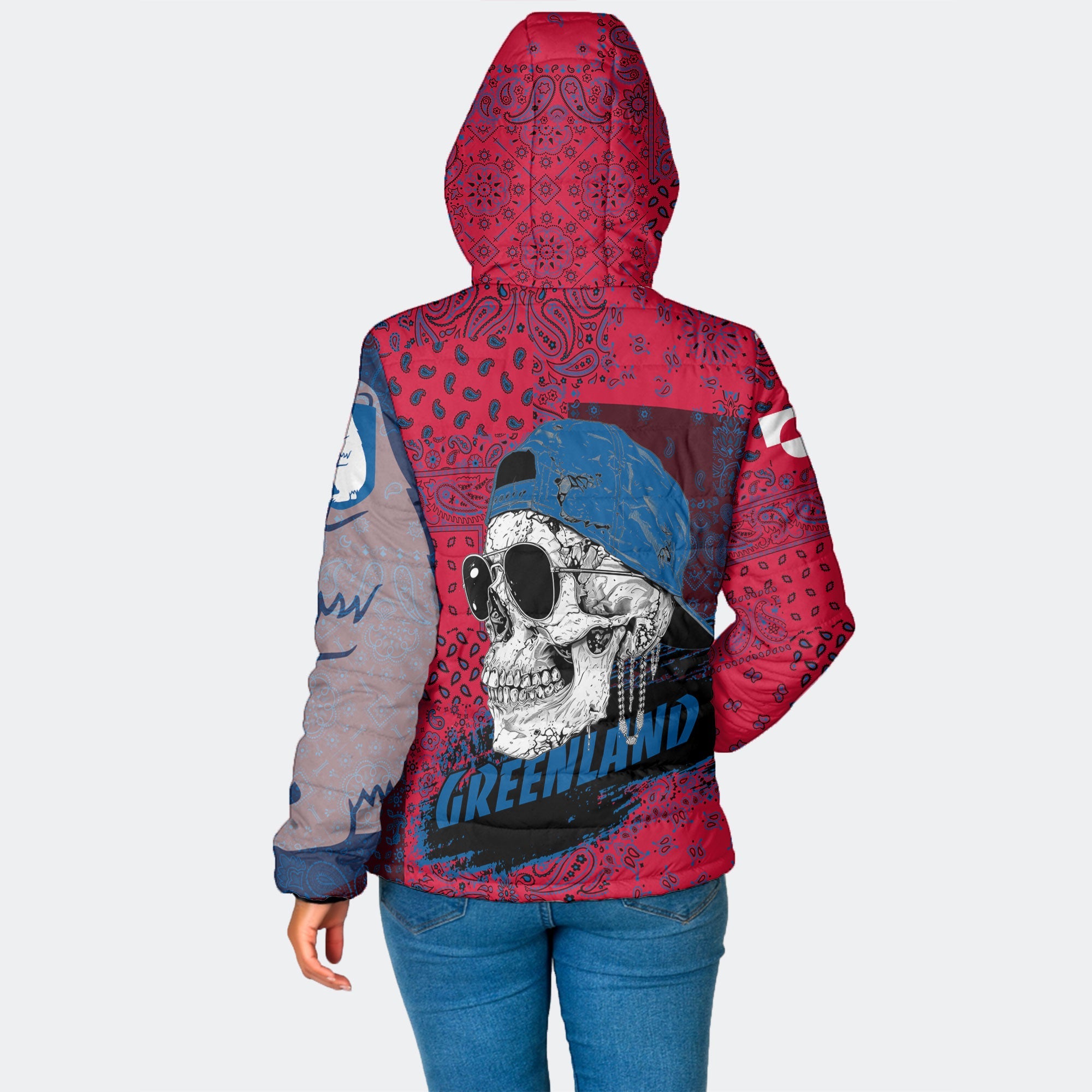 Greenland Women Hooded Padded Jacket Paisley Flag And Skull Style 2