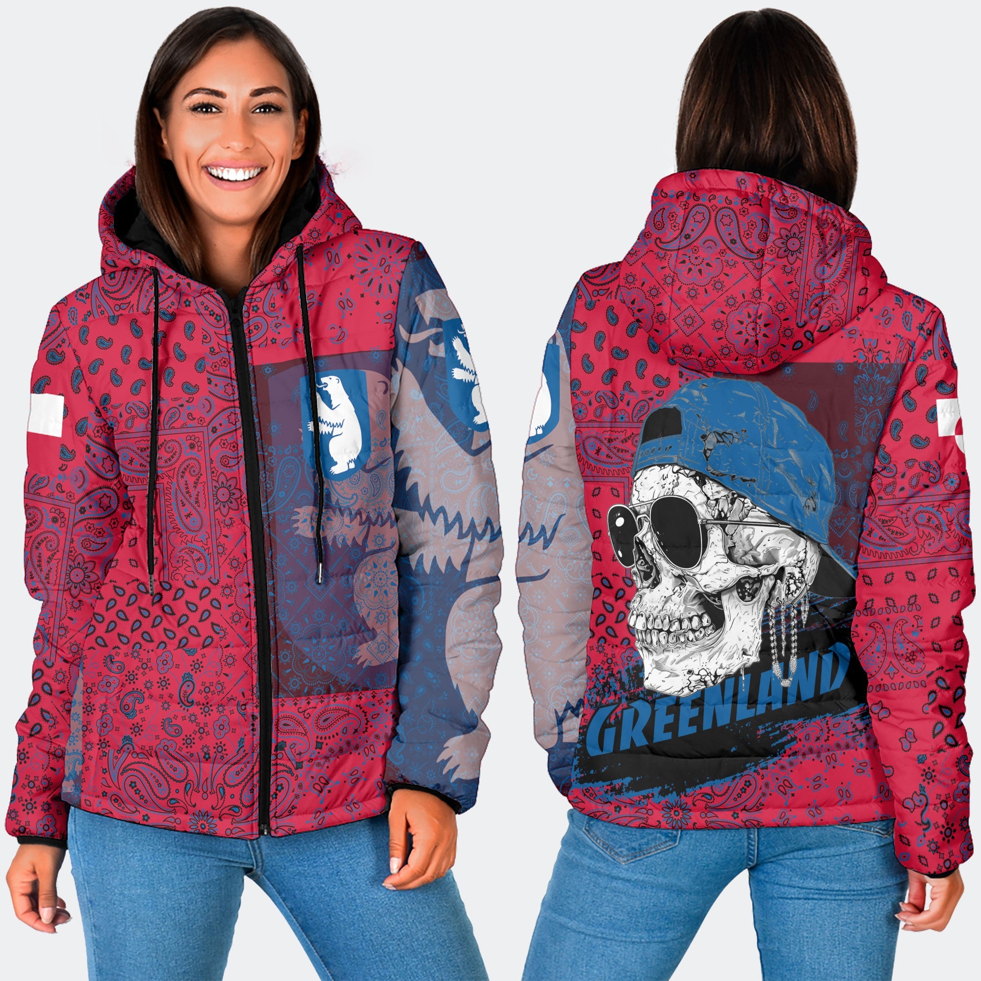 Greenland Women Hooded Padded Jacket Paisley Flag And Skull Style 3