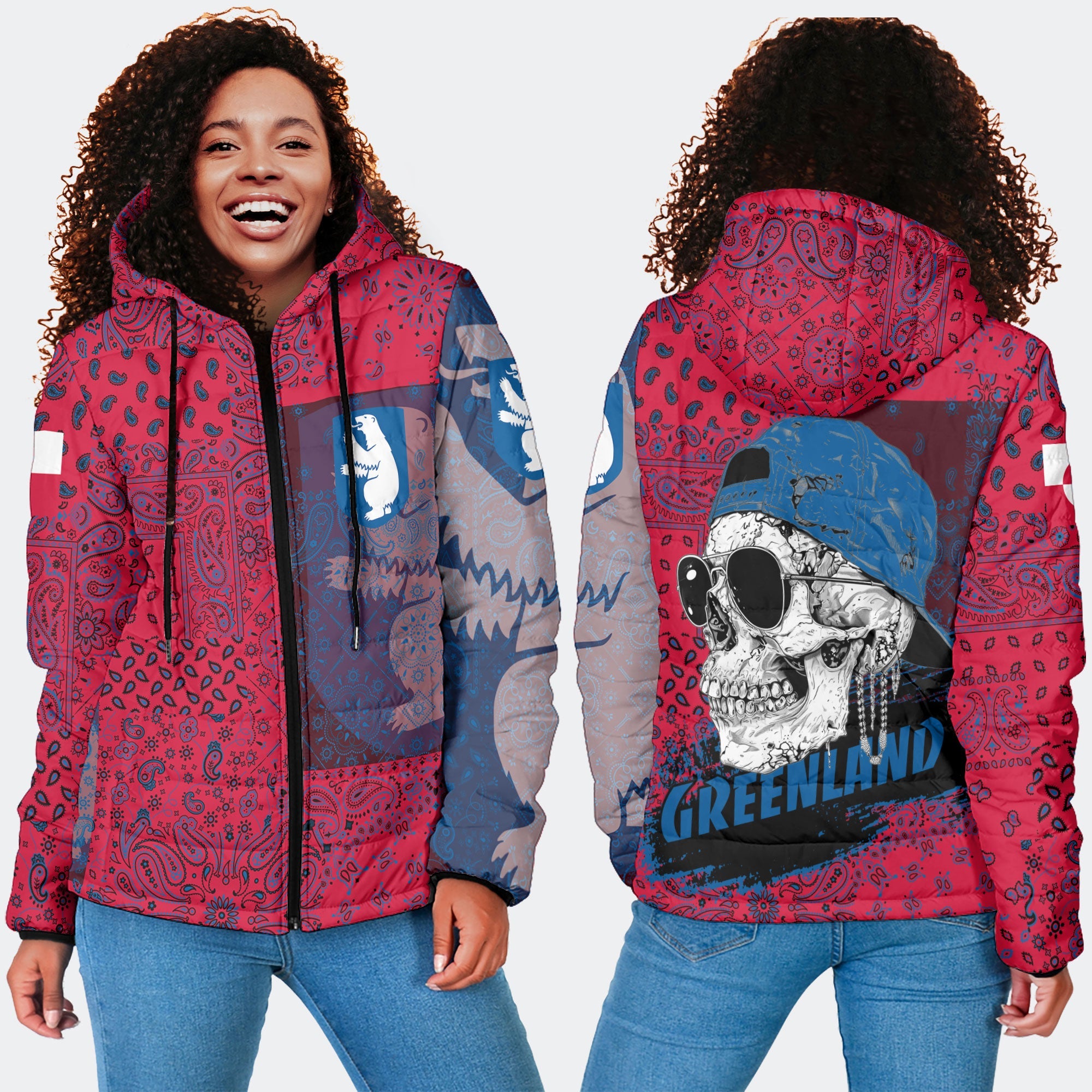 Greenland Women Hooded Padded Jacket Paisley Flag And Skull Style 4