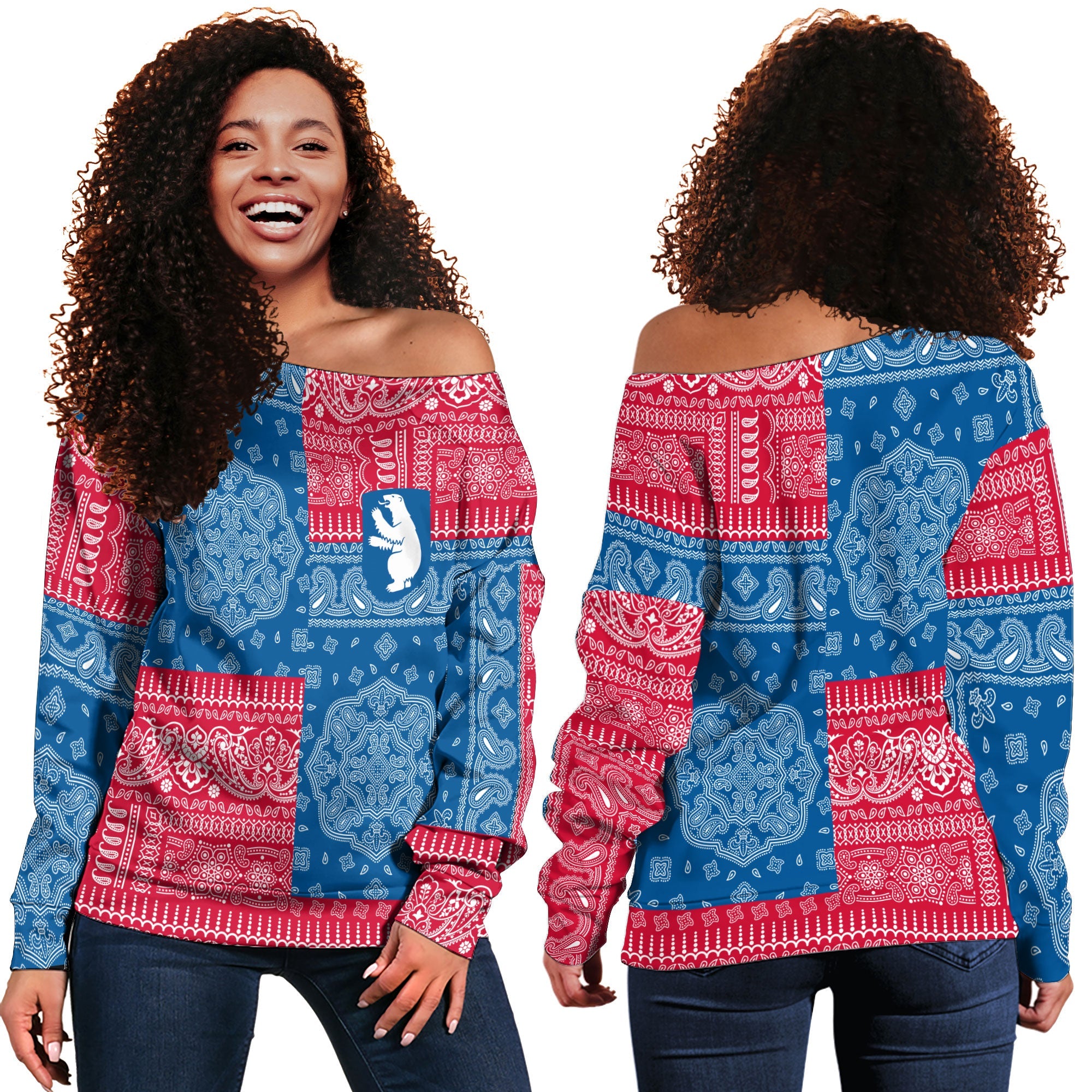 Greenland Women Off Shoulder Sweatshirt Flag And Paisley Basic Style 1