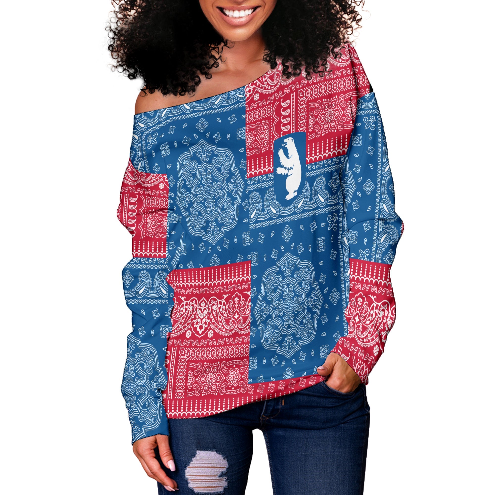 Greenland Women Off Shoulder Sweatshirt Flag And Paisley Basic Style 2