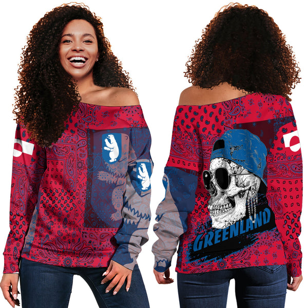 Greenland Women Off Shoulder Sweatshirt Paisley Flag And Skull Style 1