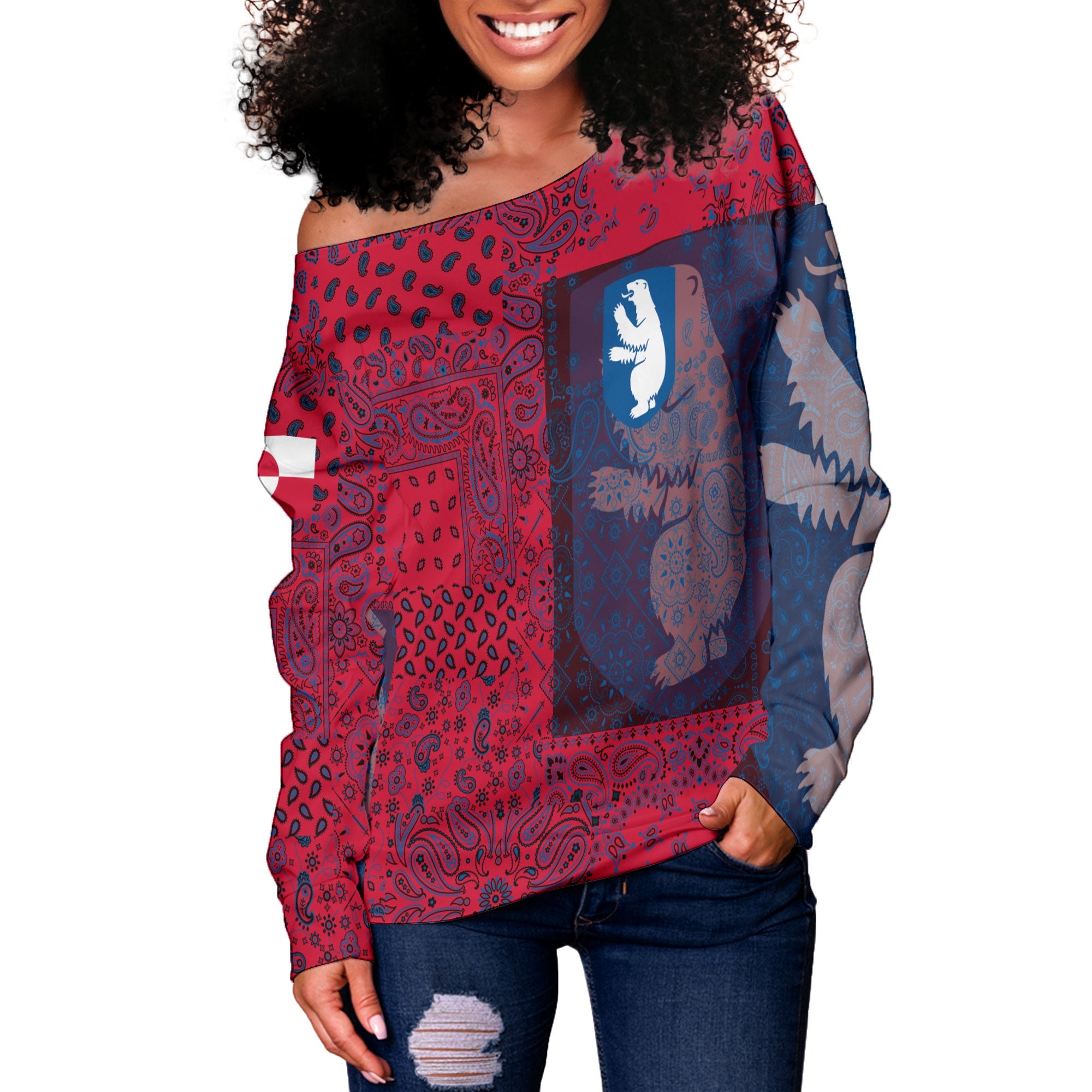 Greenland Women Off Shoulder Sweatshirt Paisley Flag And Skull Style 2