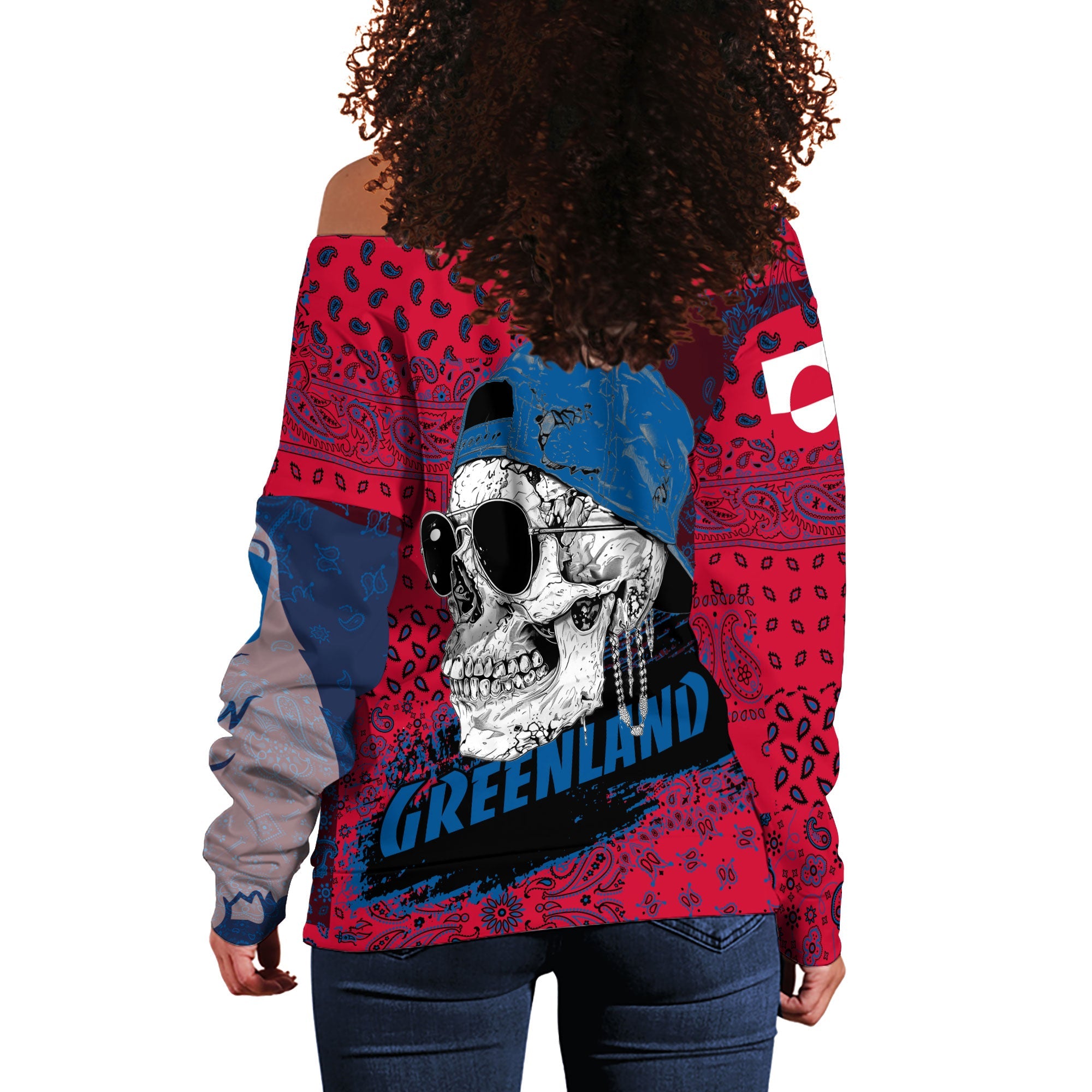 Greenland Women Off Shoulder Sweatshirt Paisley Flag And Skull Style 3