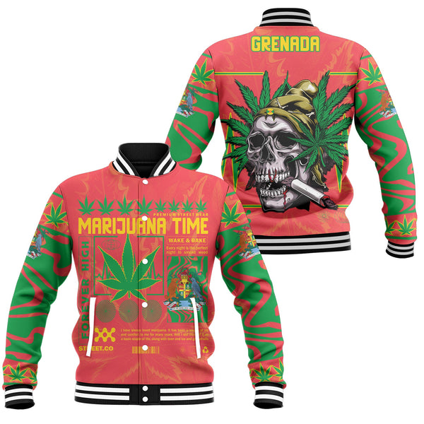 Grenada Baseball Jacket Flag & Coat Of Arms Marijuanas Style