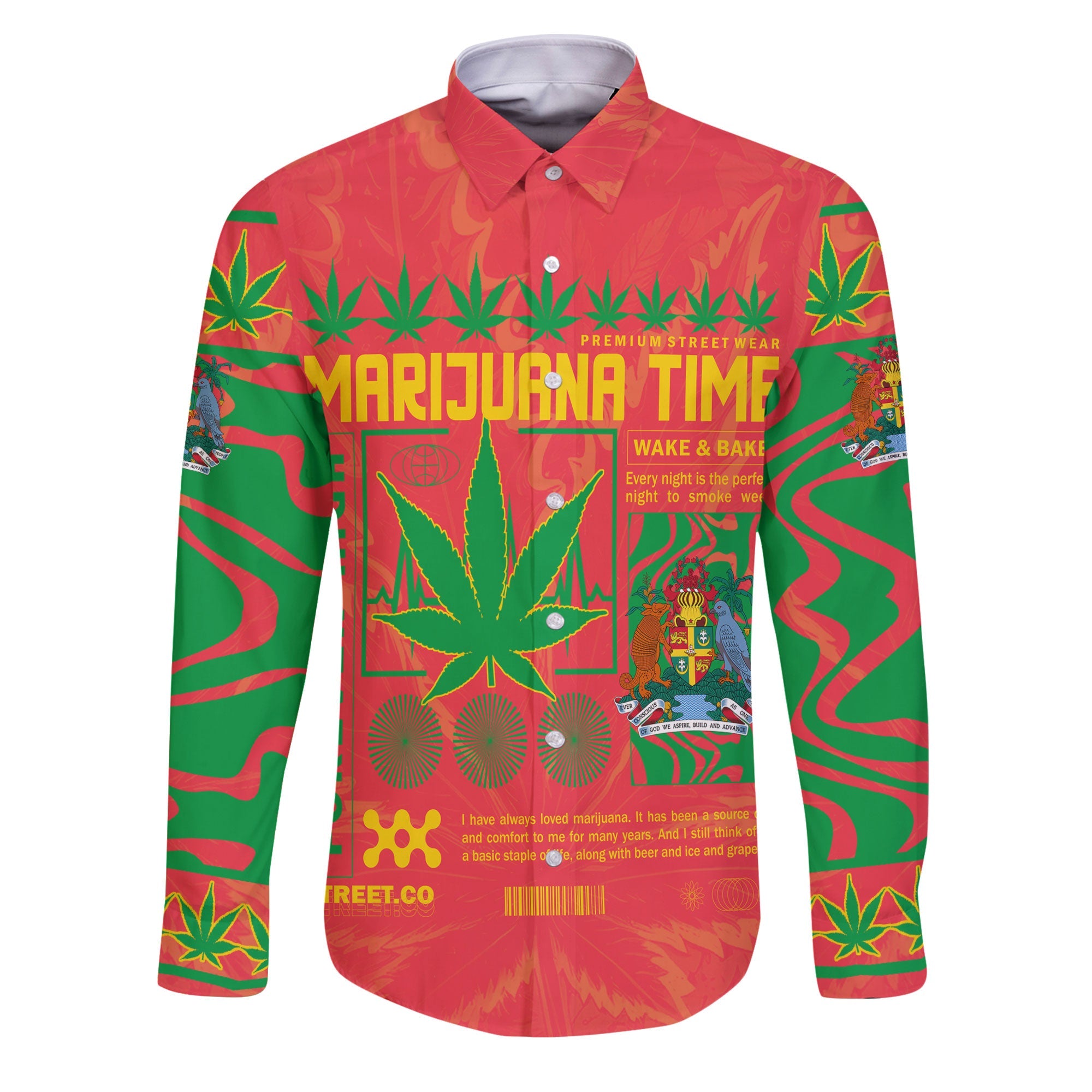 Grenada Long Sleeve Button Shirt Flag & Coat Of Arms Marijuanas Style