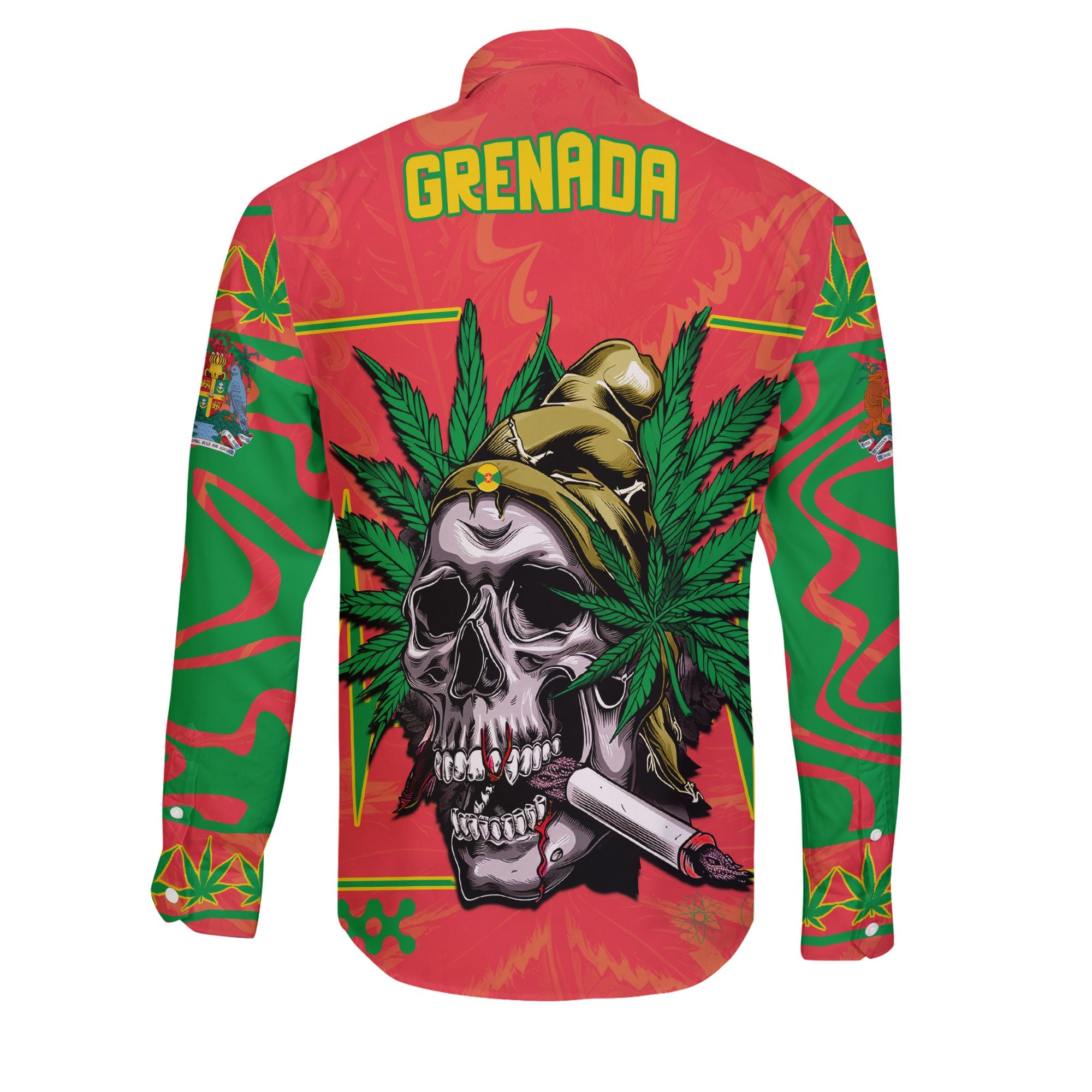 Grenada Long Sleeve Button Shirt Flag & Coat Of Arms Marijuanas Style