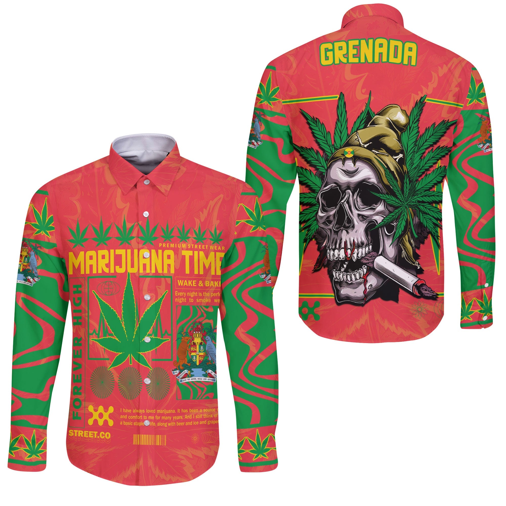 Grenada Long Sleeve Button Shirt Flag & Coat Of Arms Marijuanas Style