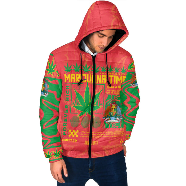 Grenada Men Hooded Padded Jacket Flag & Coat Of Arms Marijuanas Style