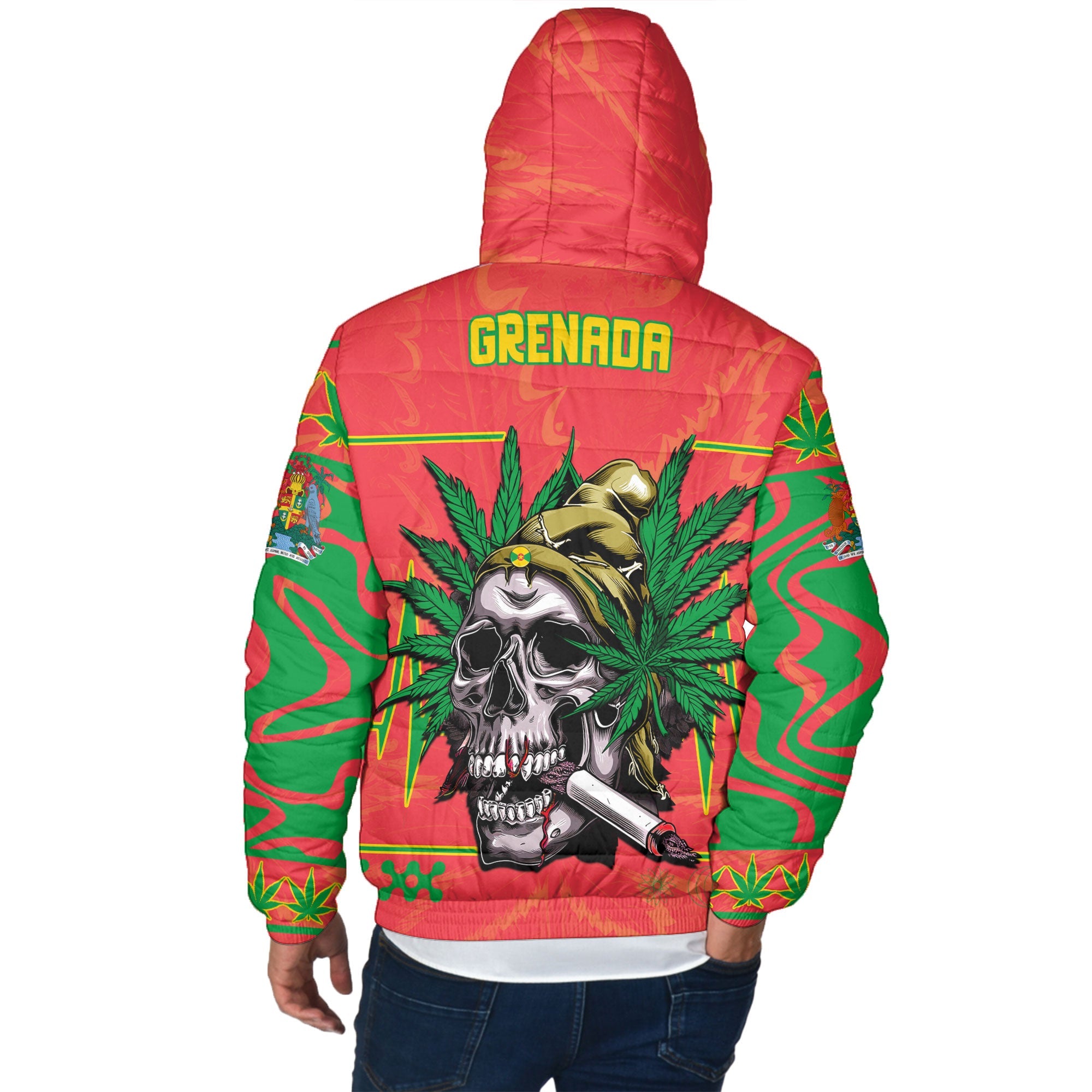 Grenada Men Hooded Padded Jacket Flag & Coat Of Arms Marijuanas Style