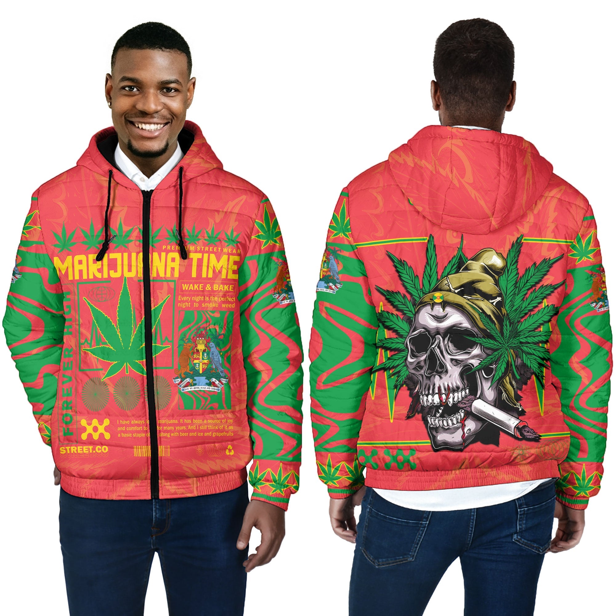 Grenada Men Hooded Padded Jacket Flag & Coat Of Arms Marijuanas Style