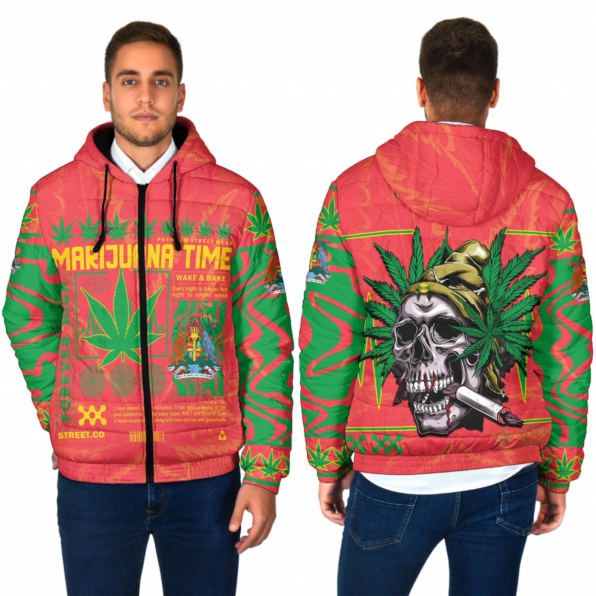 Grenada Men Hooded Padded Jacket Flag & Coat Of Arms Marijuanas Style