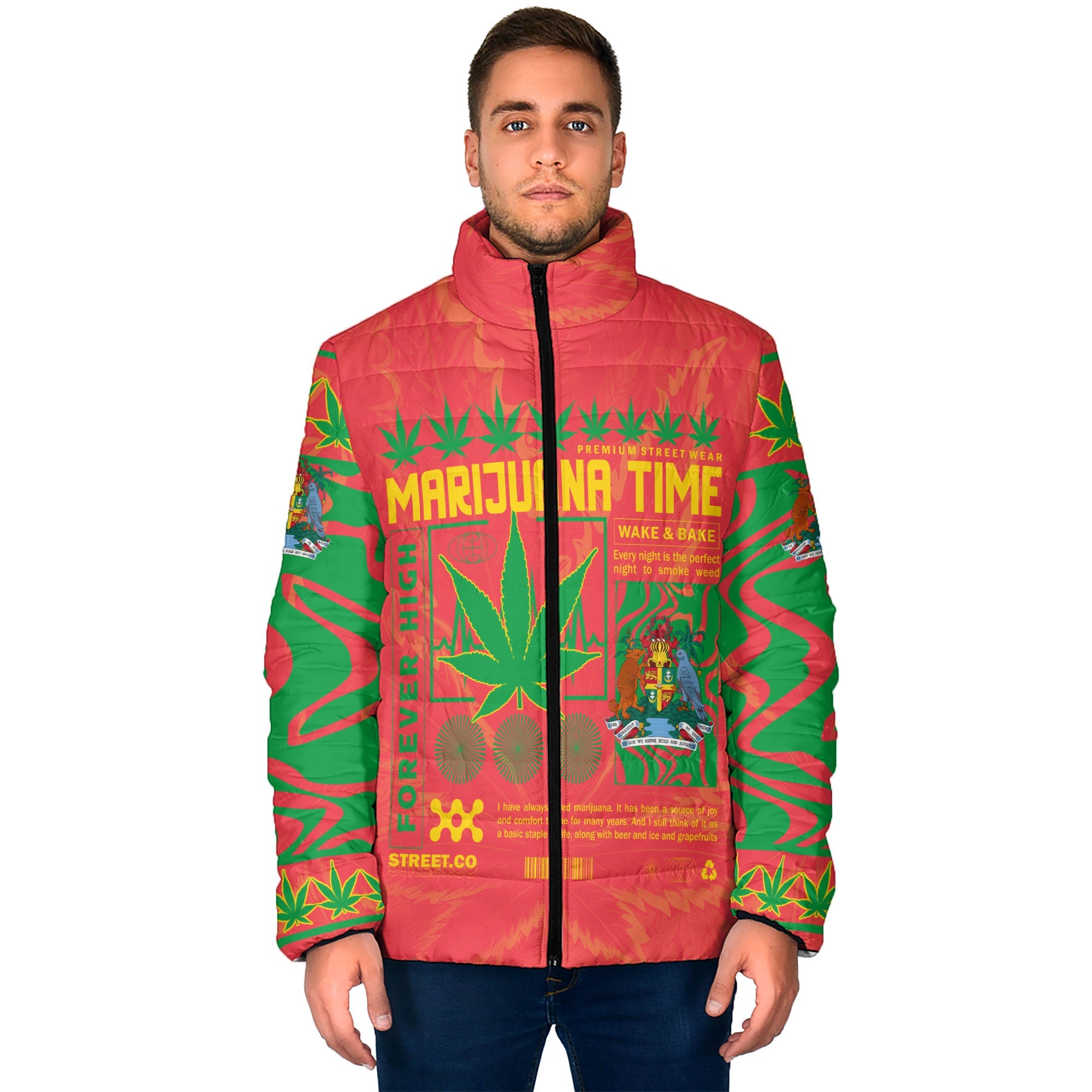 Grenada Men Padded Jacket Flag & Coat Of Arms Marijuanas Style