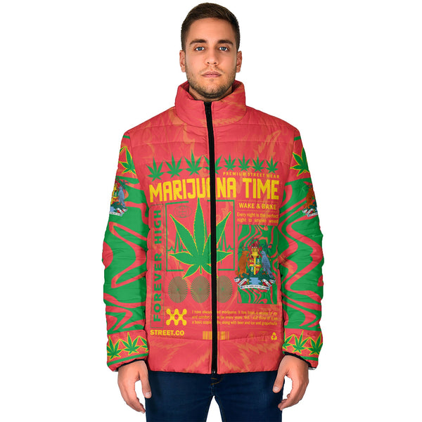 Grenada Men Padded Jacket Flag & Coat Of Arms Marijuanas Style