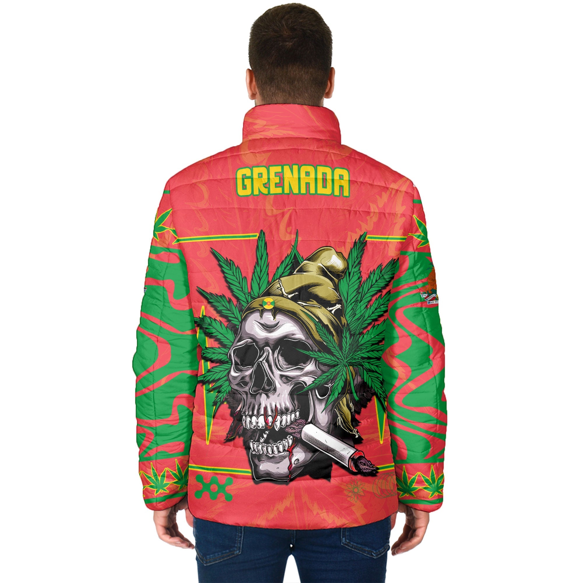 Grenada Men Padded Jacket Flag & Coat Of Arms Marijuanas Style