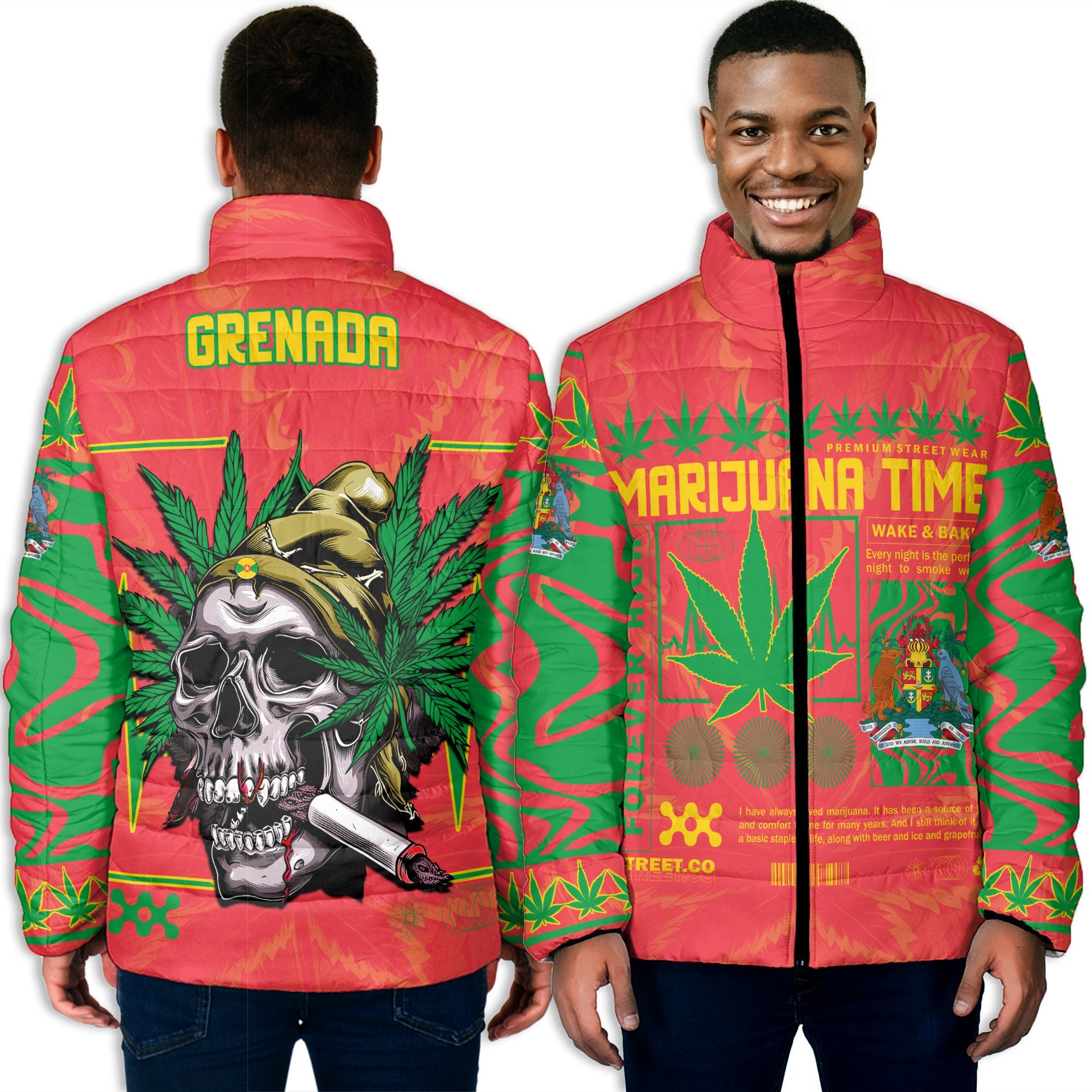 Grenada Men Padded Jacket Flag & Coat Of Arms Marijuanas Style