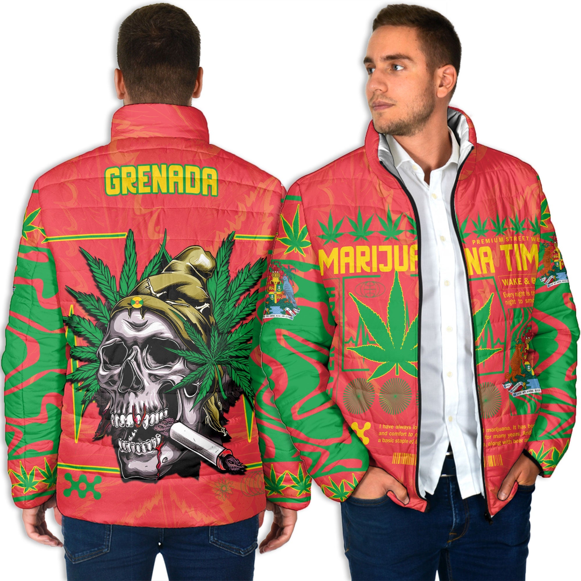 Grenada Men Padded Jacket Flag & Coat Of Arms Marijuanas Style