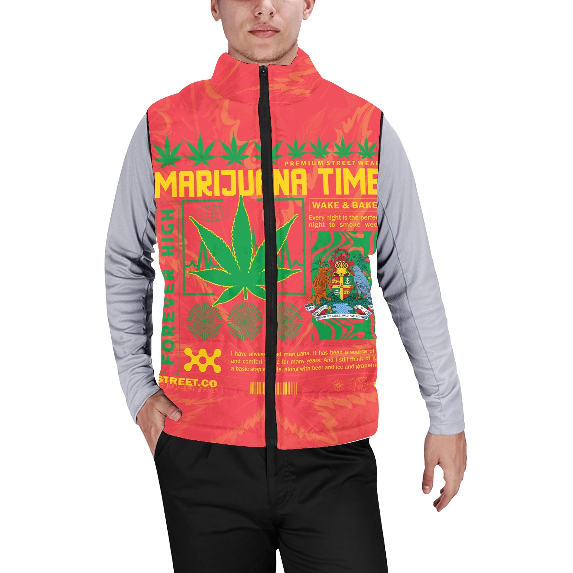 Grenada Men Padded Jacket Vest Flag & Coat Of Arms Marijuanas Style