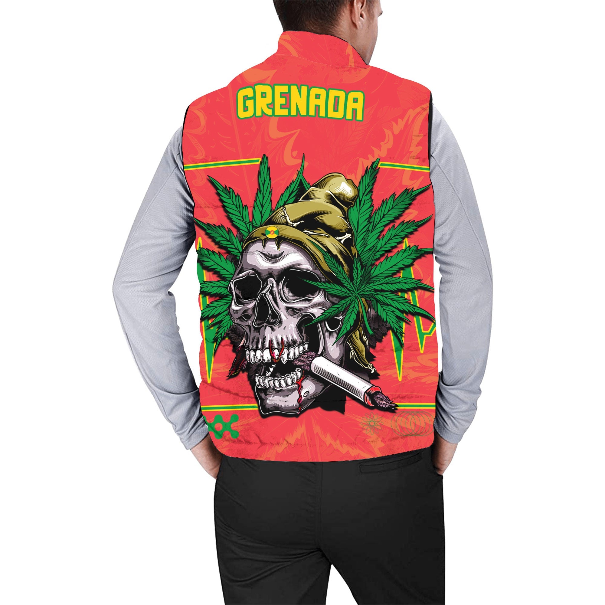 Grenada Men Padded Jacket Vest Flag & Coat Of Arms Marijuanas Style