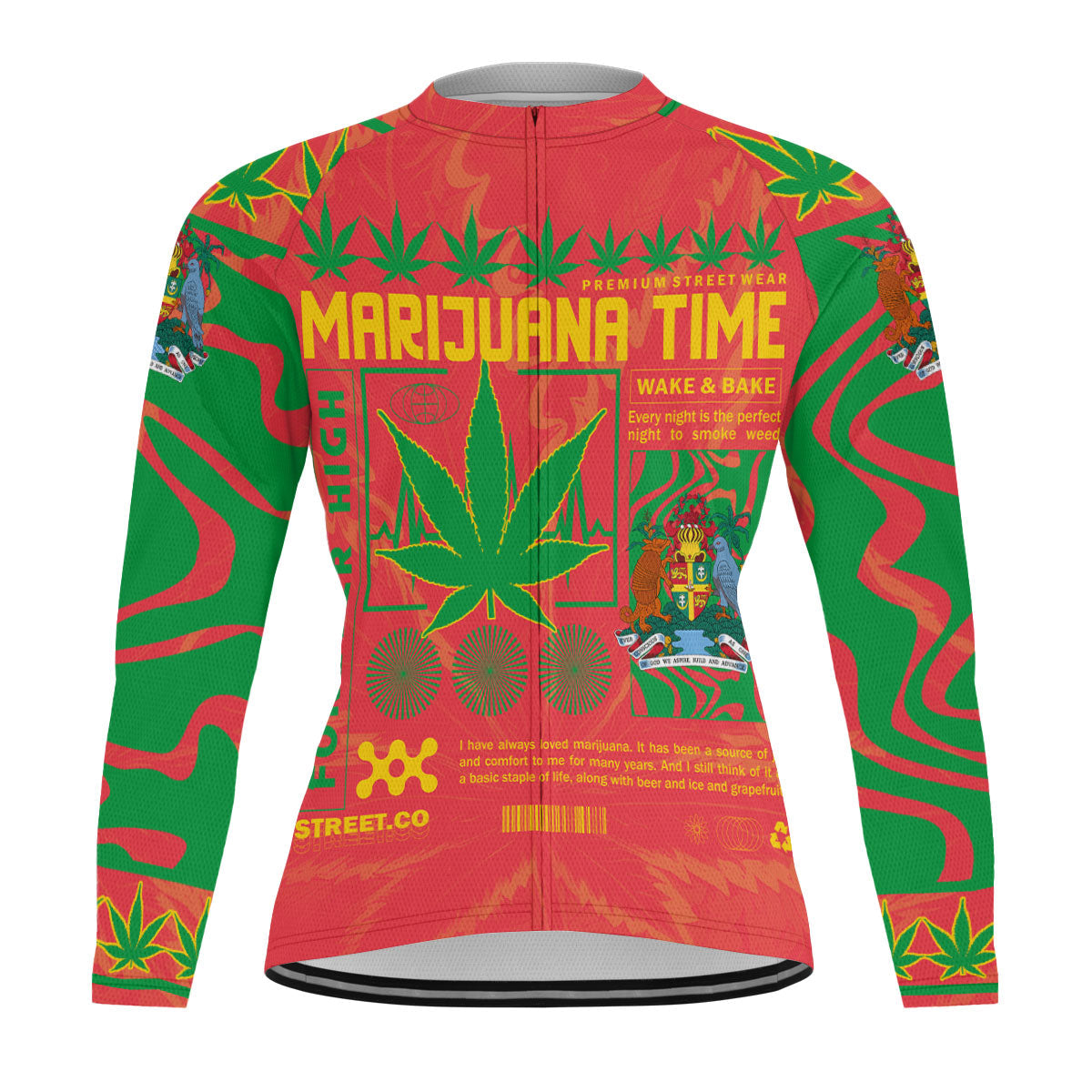 Grenada Men's Cycling Jersey Long Sleeve Flag & Coat Of Arms Marijuanas Style