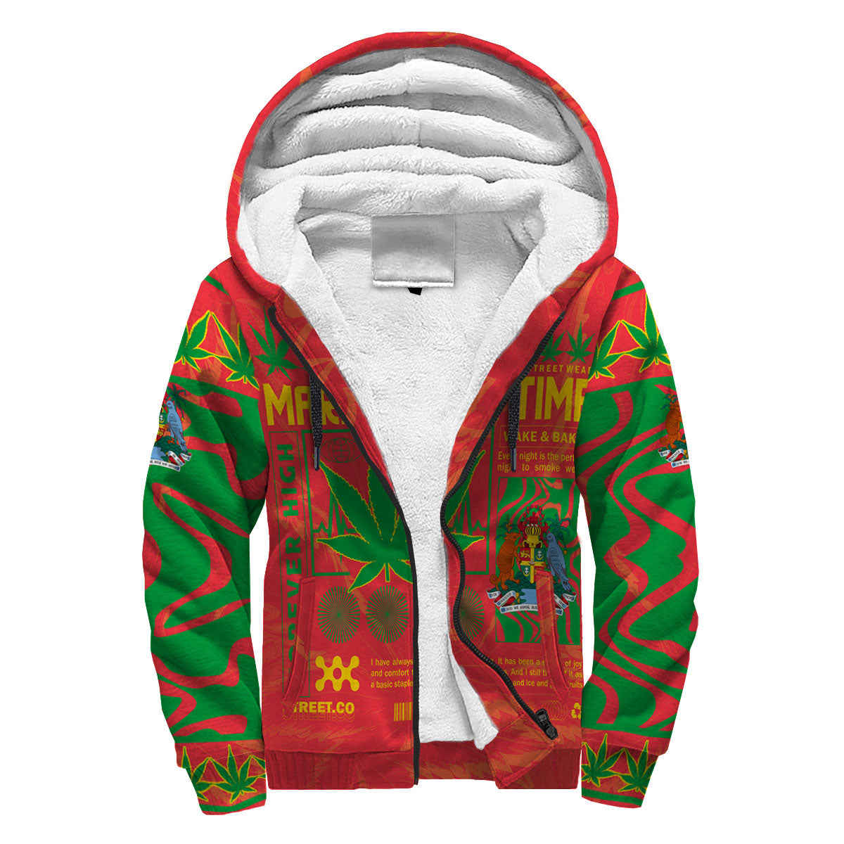 Grenada Sherpa Hoodie Flag & Coat Of Arms Marijuanas Style