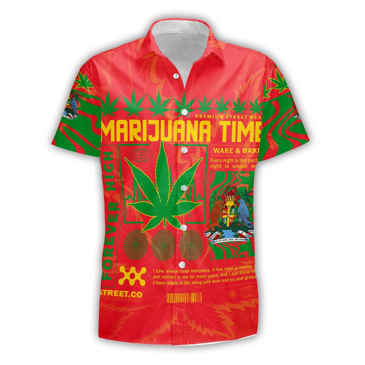 Grenada Short Sleeve Shirt Flag & Coat Of Arms Marijuanas Style