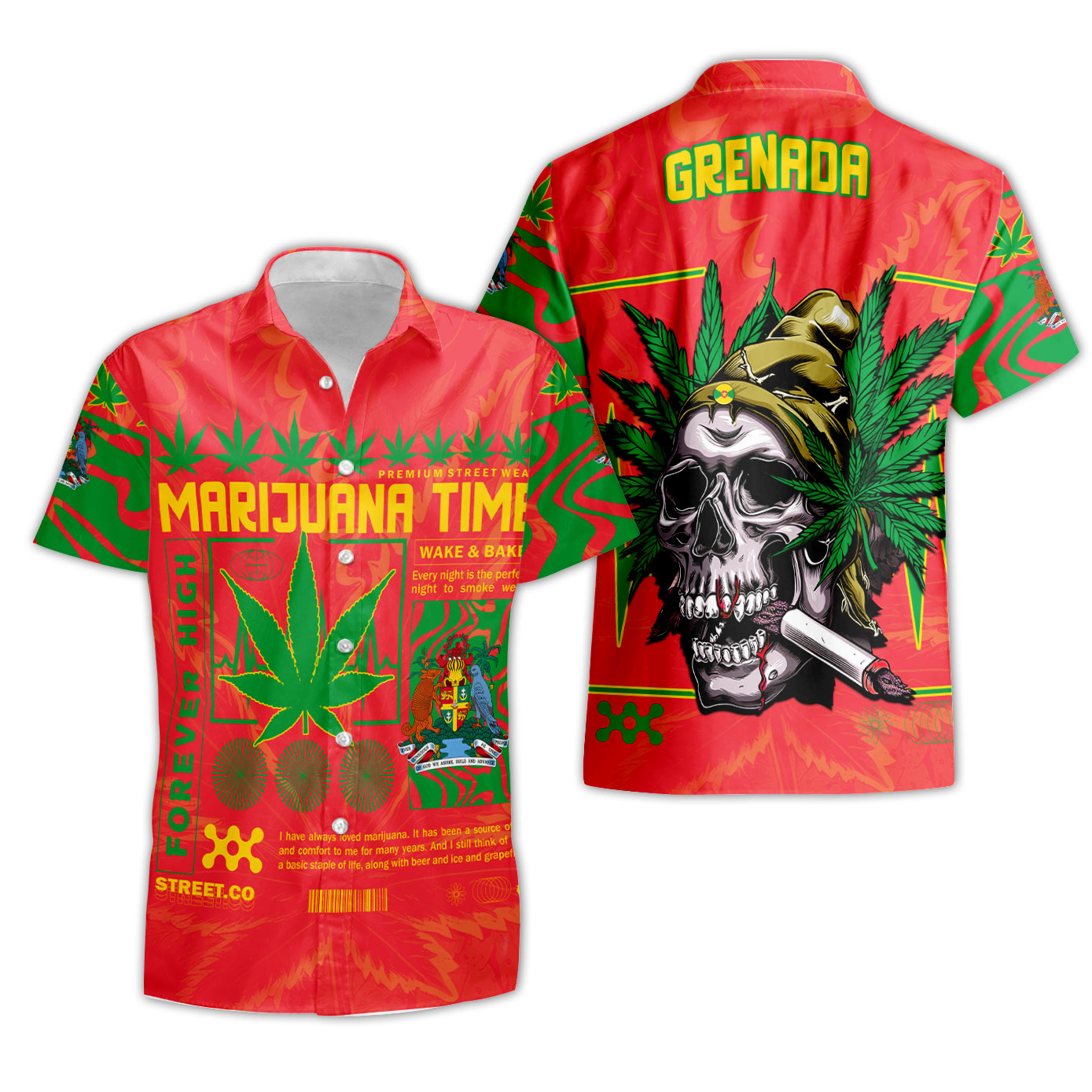 Grenada Short Sleeve Shirt Flag & Coat Of Arms Marijuanas Style