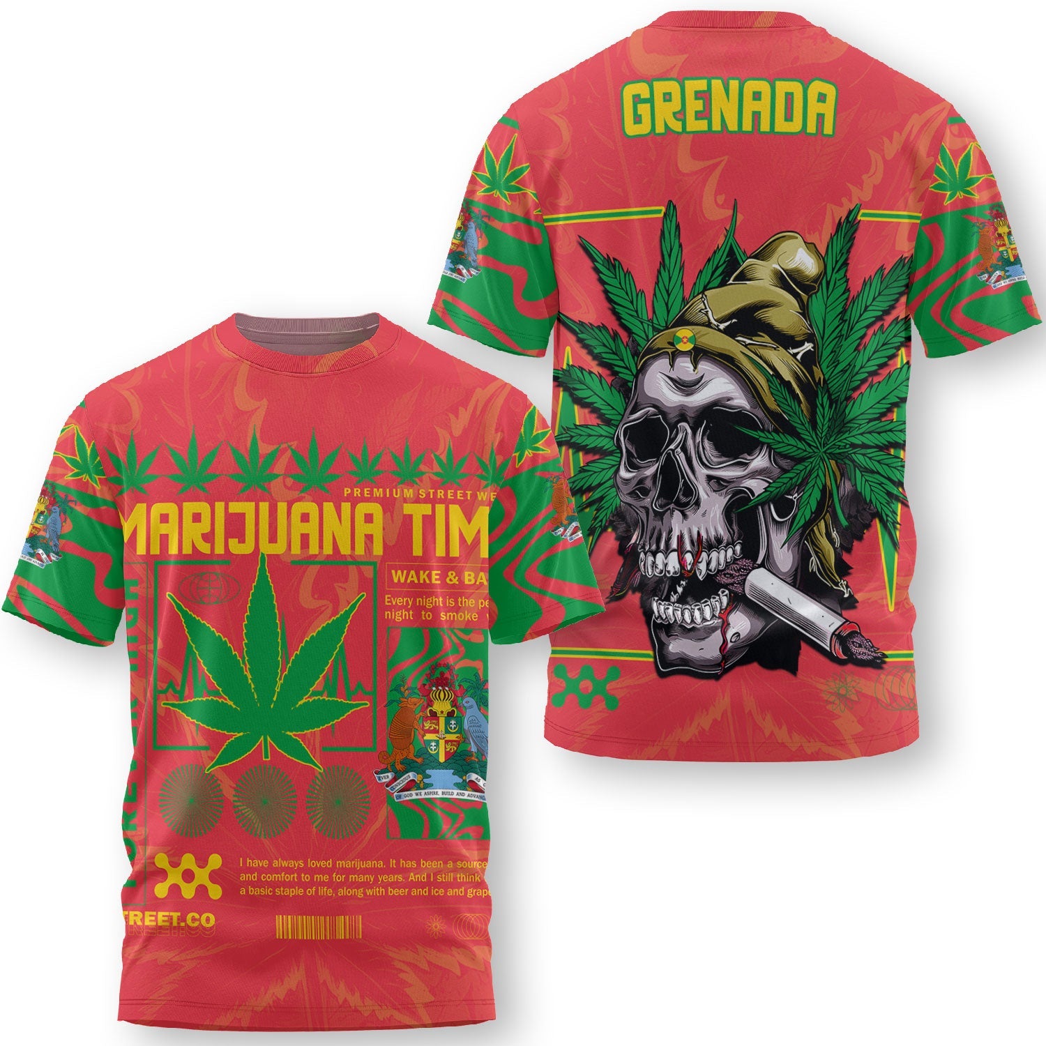 Grenada T Shirt Flag & Coat Of Arms Marijuanas Style