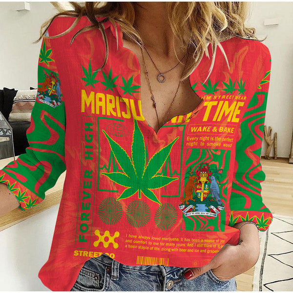 Grenada Women Casual Shirt Flag & Coat Of Arms Marijuanas Style