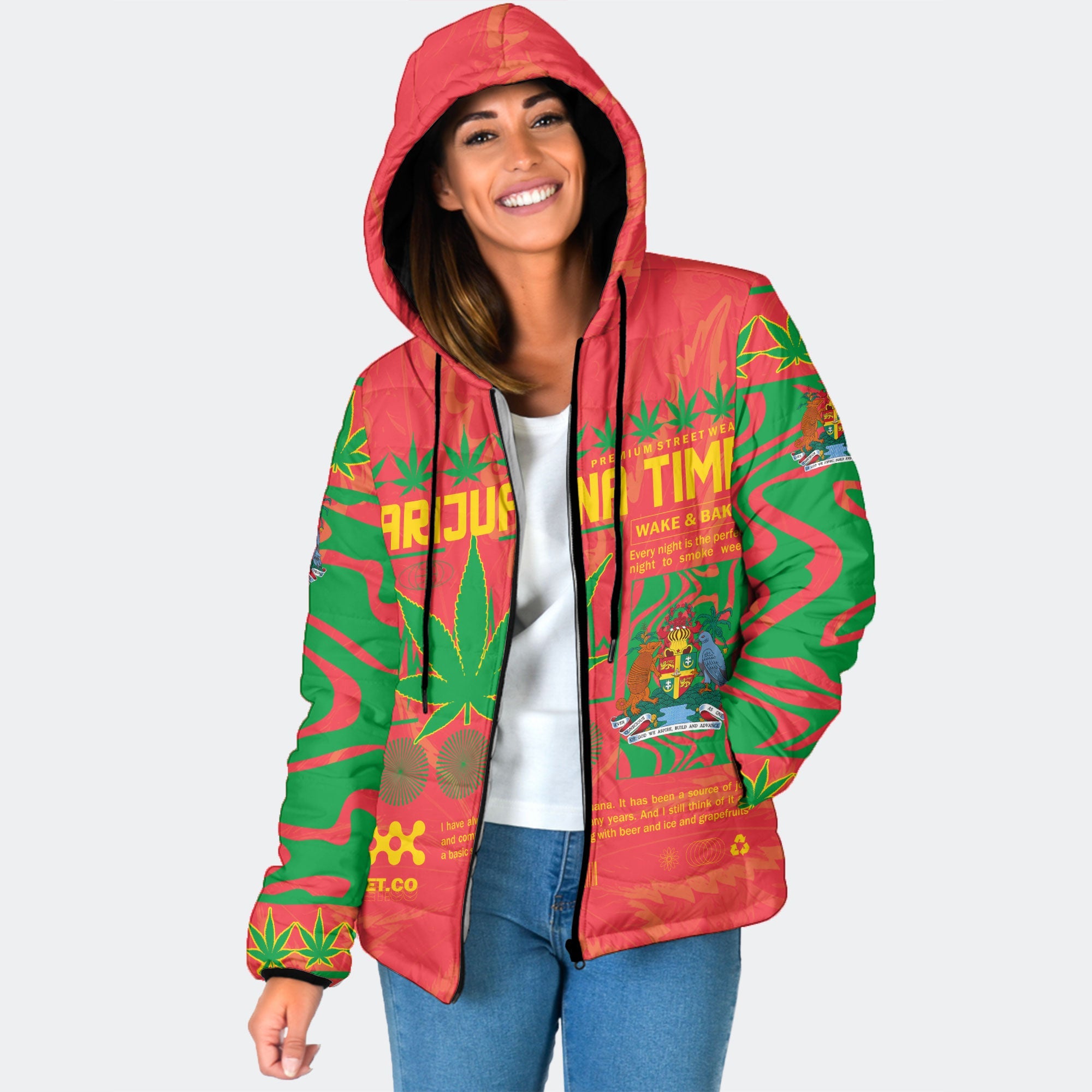 Grenada Women Hooded Padded Jacket Flag & Coat Of Arms Marijuanas Style