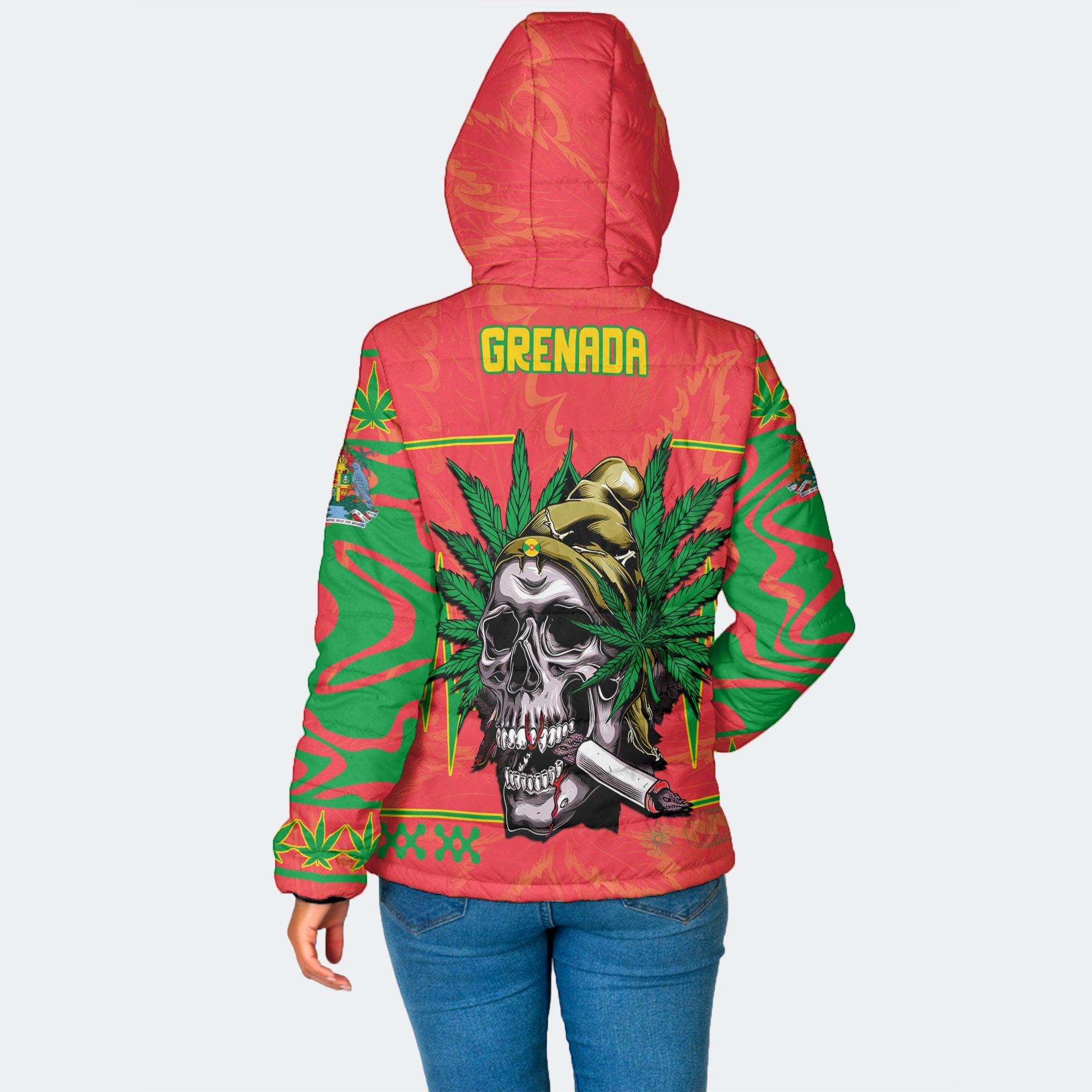 Grenada Women Hooded Padded Jacket Flag & Coat Of Arms Marijuanas Style