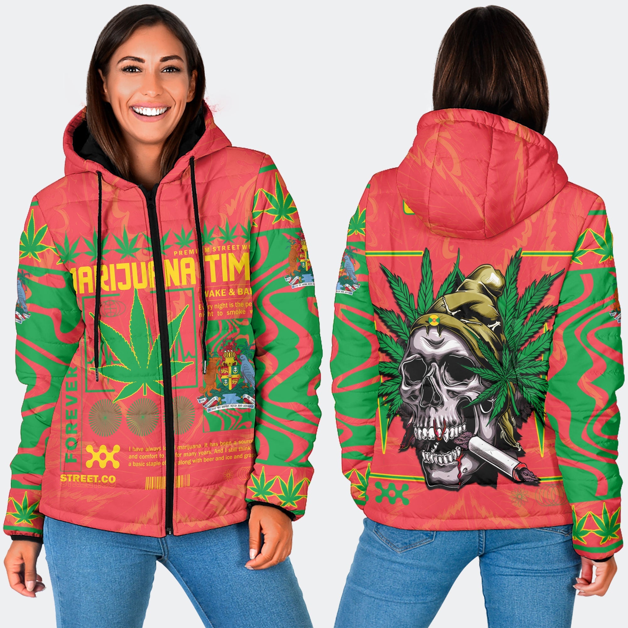 Grenada Women Hooded Padded Jacket Flag & Coat Of Arms Marijuanas Style